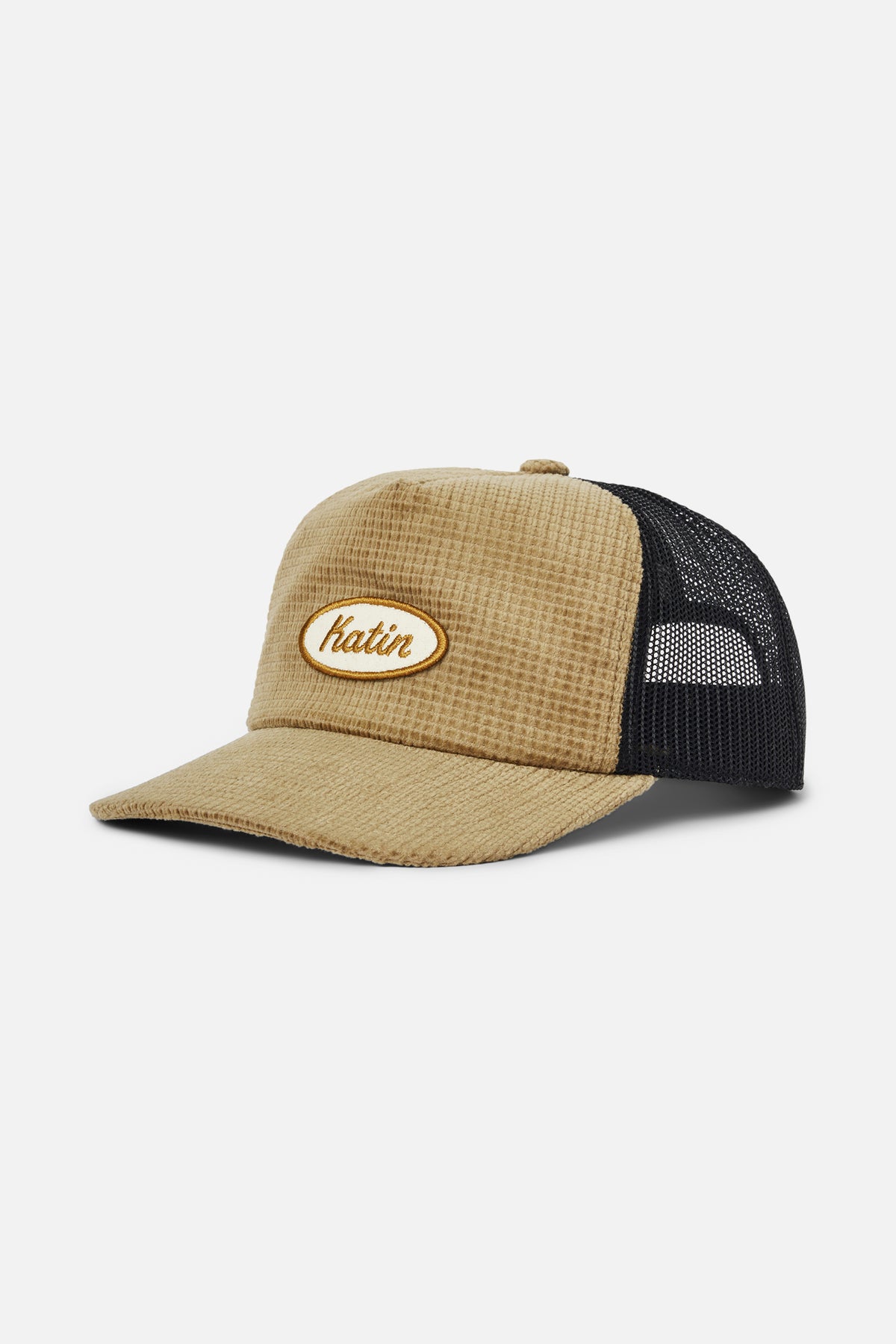 Waffle corduroy in tan and black mesh trucker hat with Katin logo