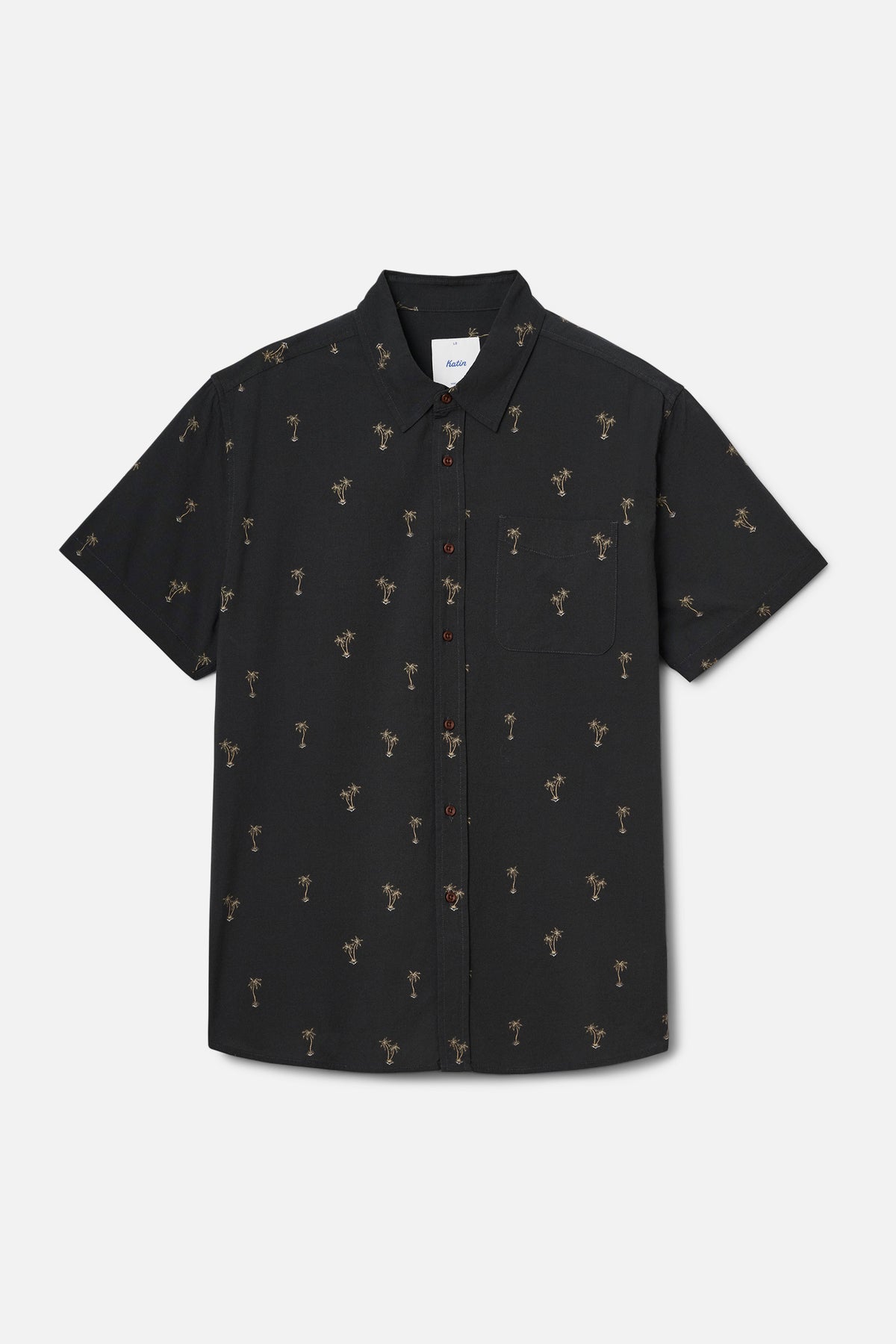 Black short-sleeve shirt with subtle pattern on a light gray background