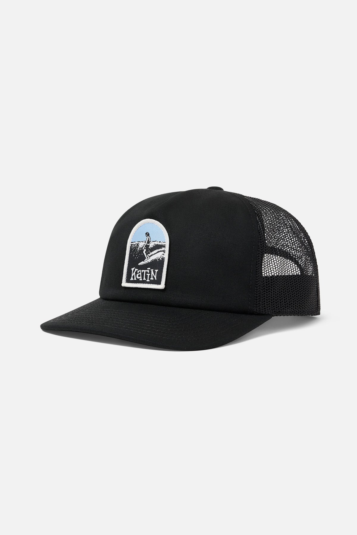 Black mesh trucker hat with a patch on the front of a surfer nose riding