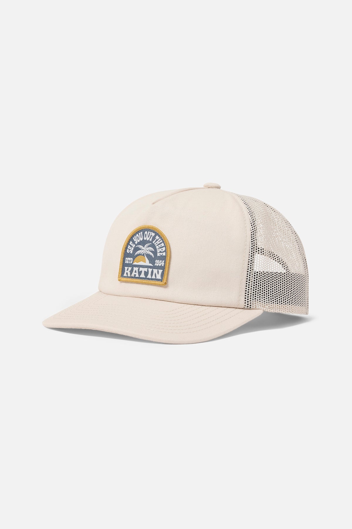 Beige trucker cap with a logo on a white background