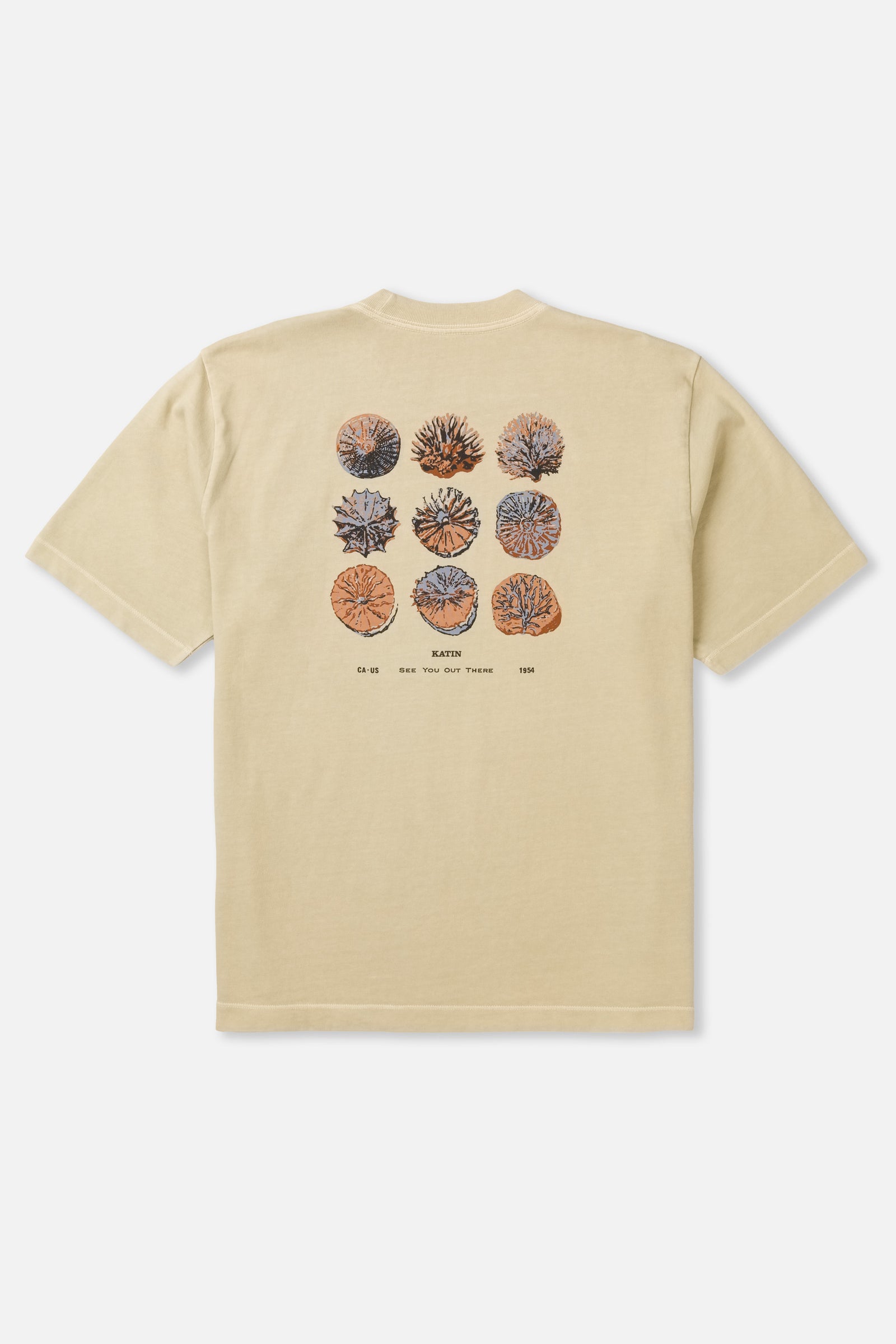 Beige t-shirt with a graphic of nine circular designs on the back against a white background