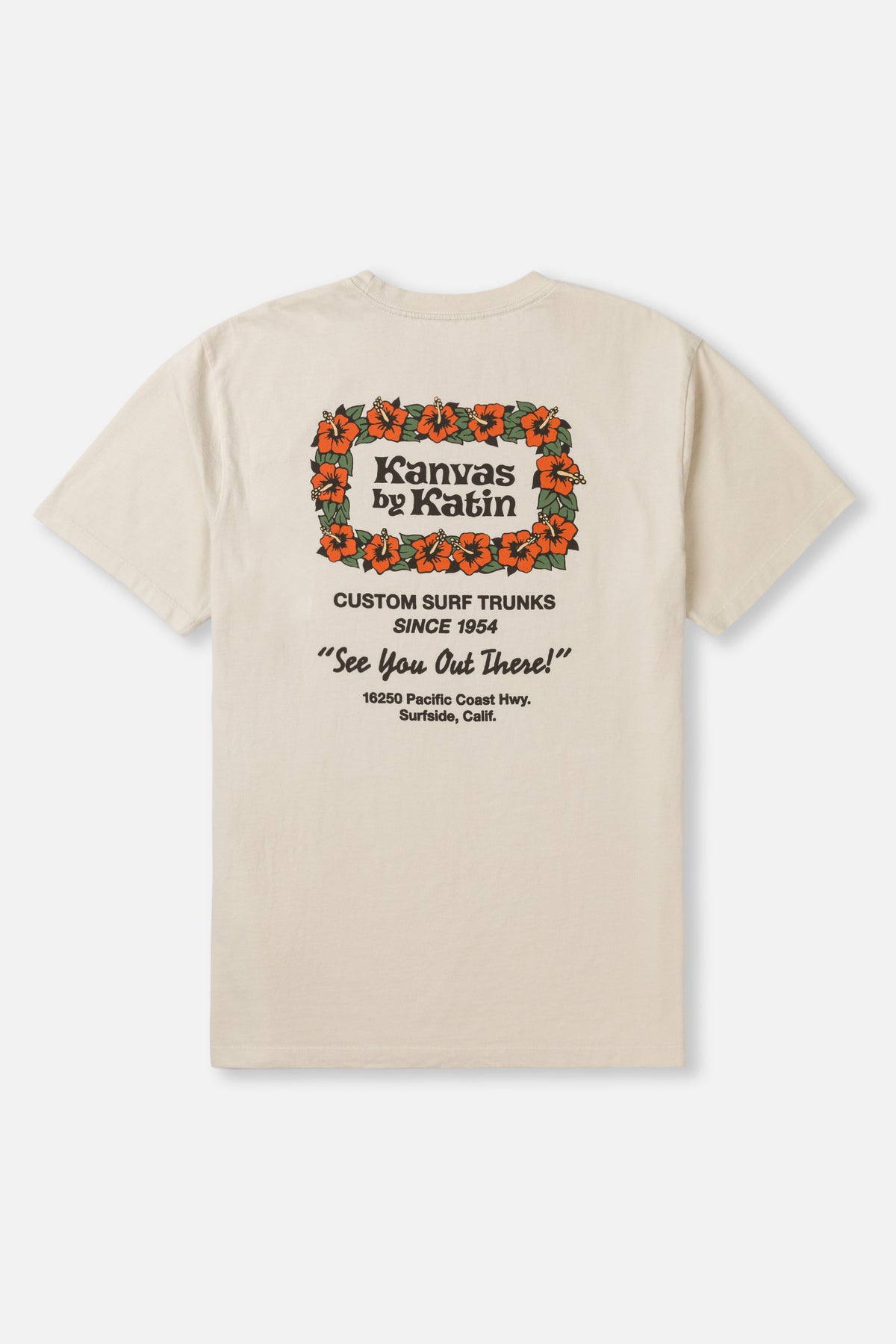 Beige t-shirt with text and graphics on a white background