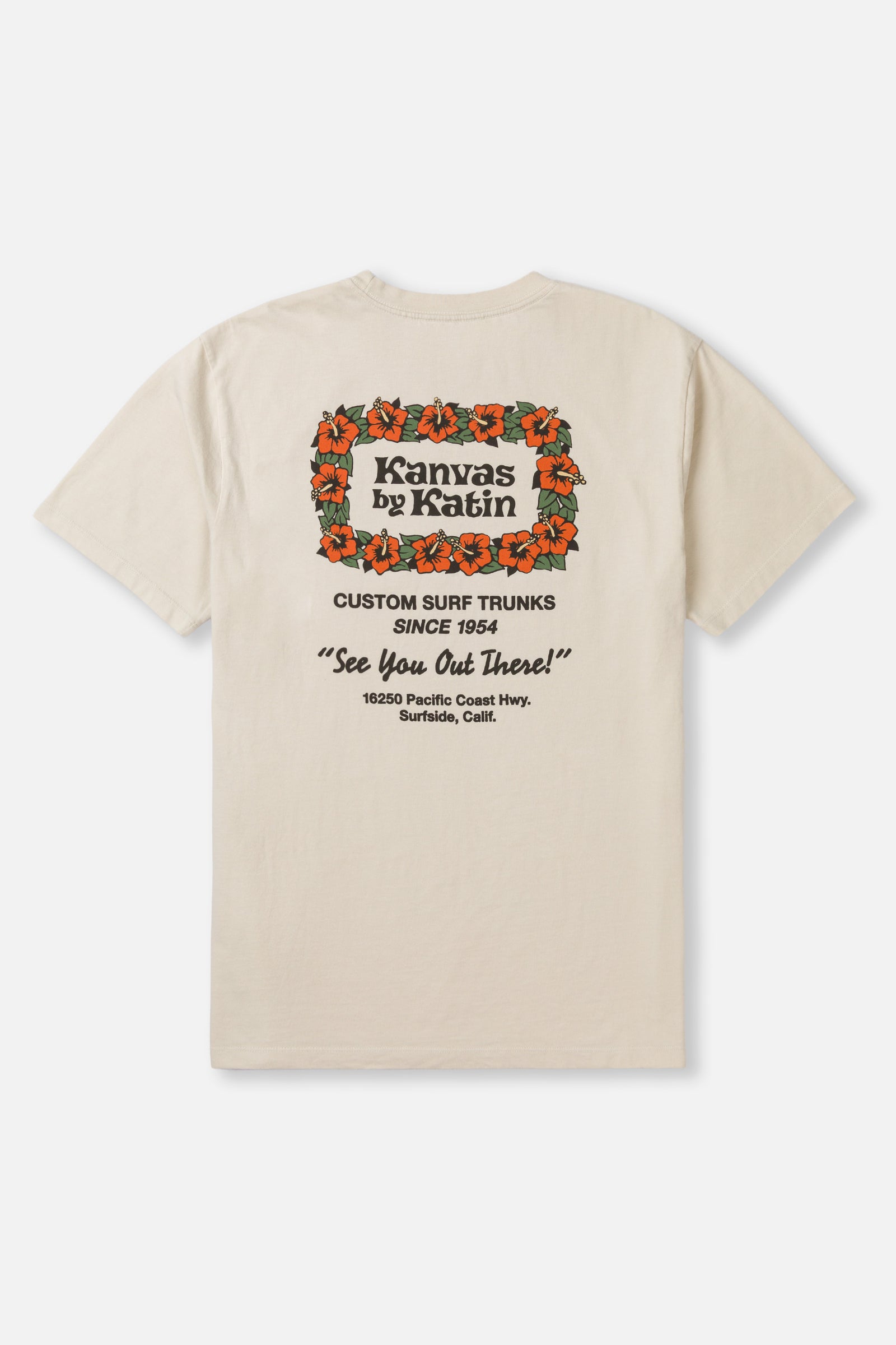 Beige t-shirt with text and graphics on a white background