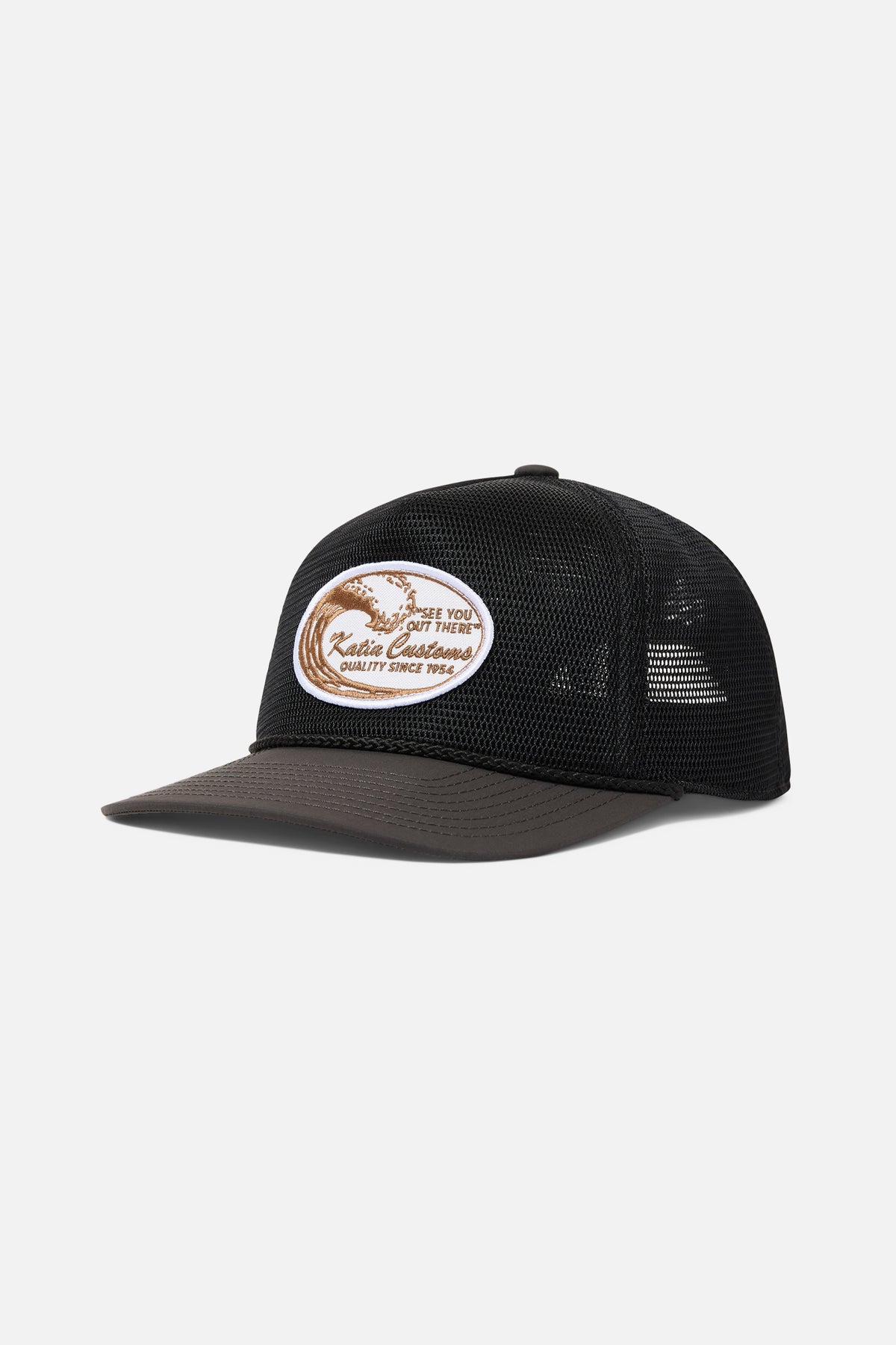 Black mesh cap with a logo on a white background