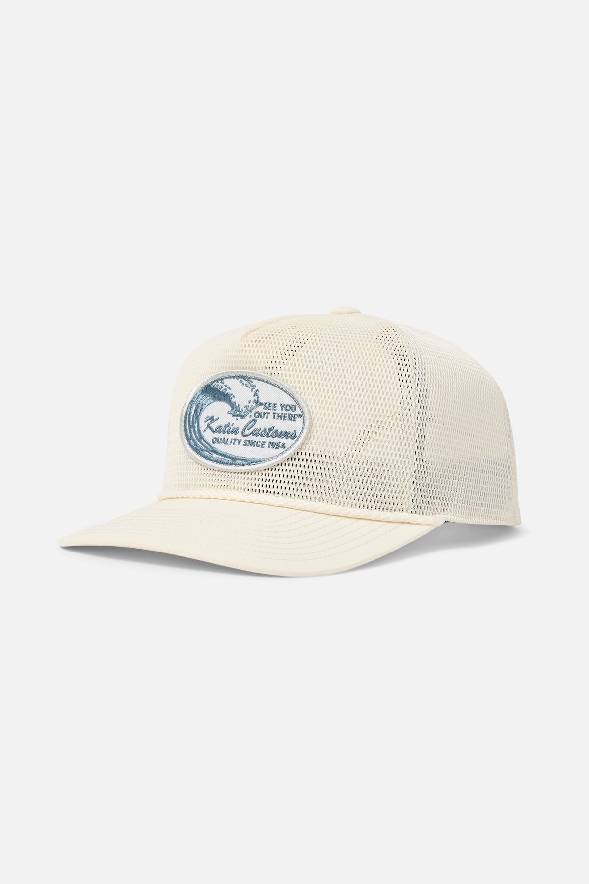 Beige mesh cap with a blue patch on a white background