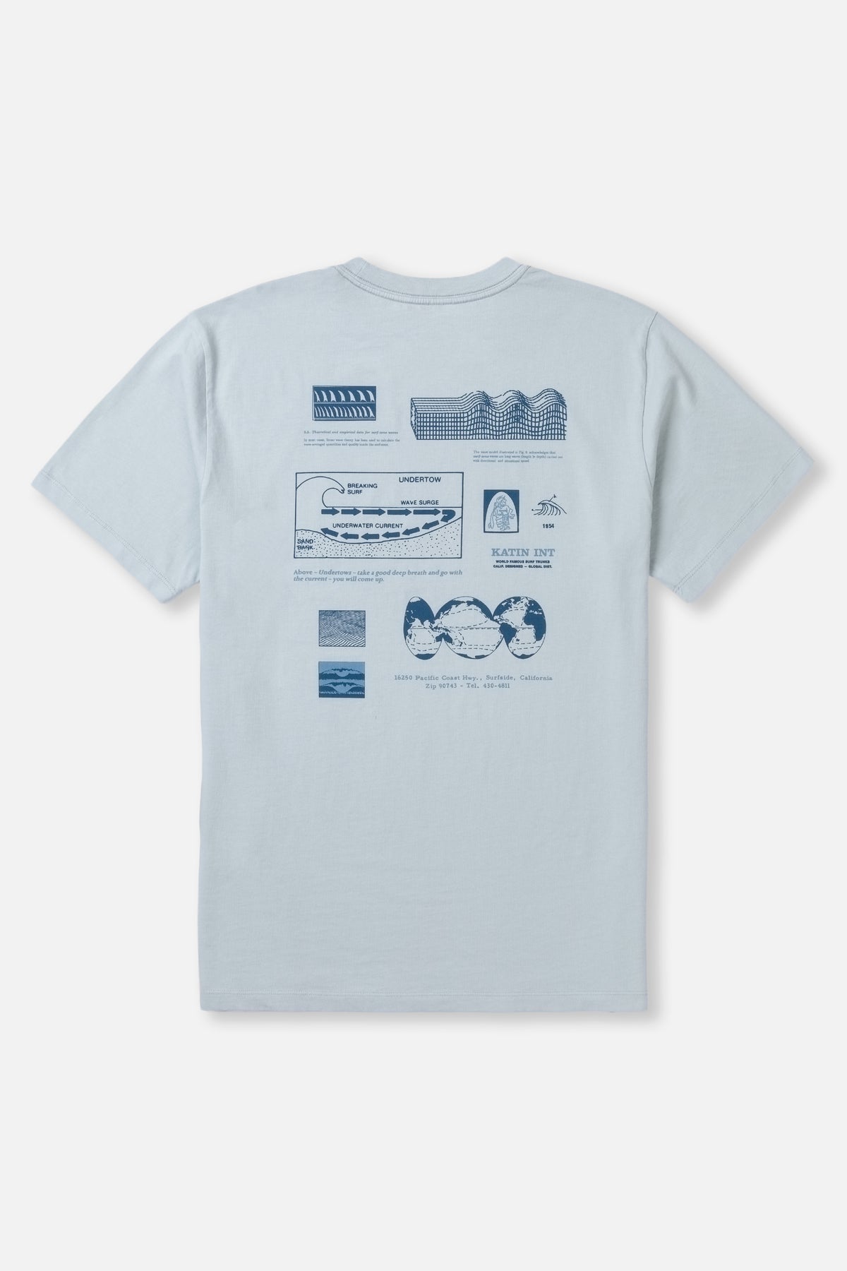 Light blue t-shirt with graphic designs on a white background