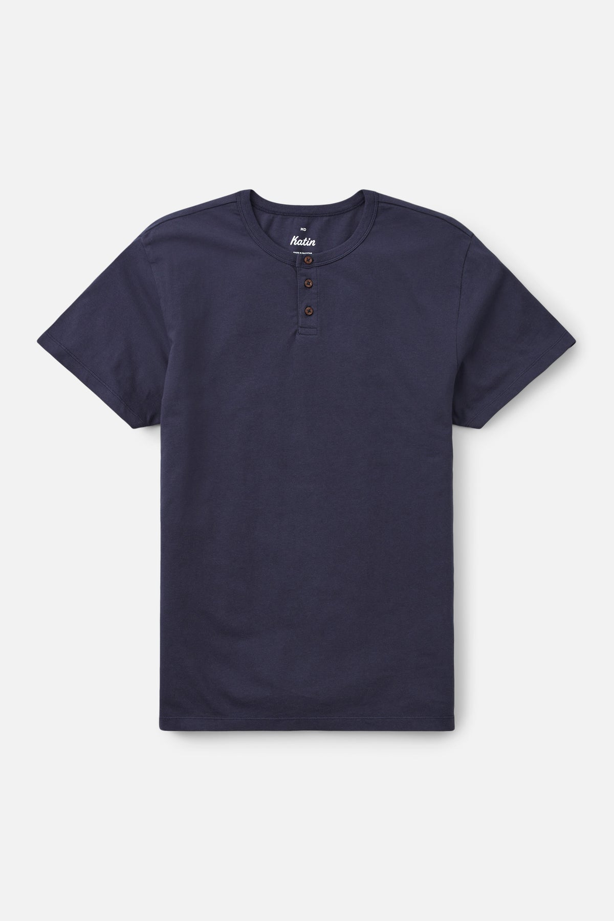 Navy blue henley shirt on a light gray background