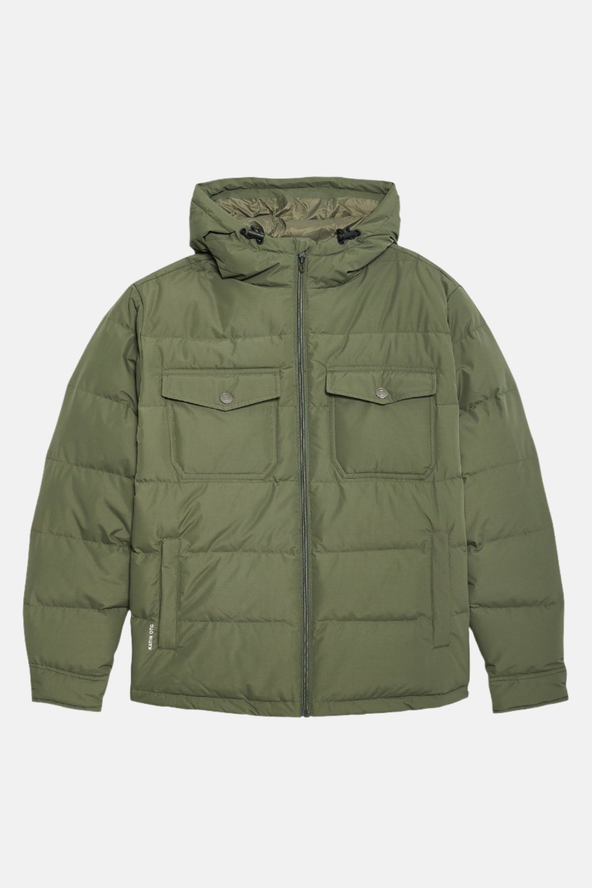 Katin OTG Summit Hooded Down Puffer in Thyme with a stacked fill pattern, flat, front #color_thyme