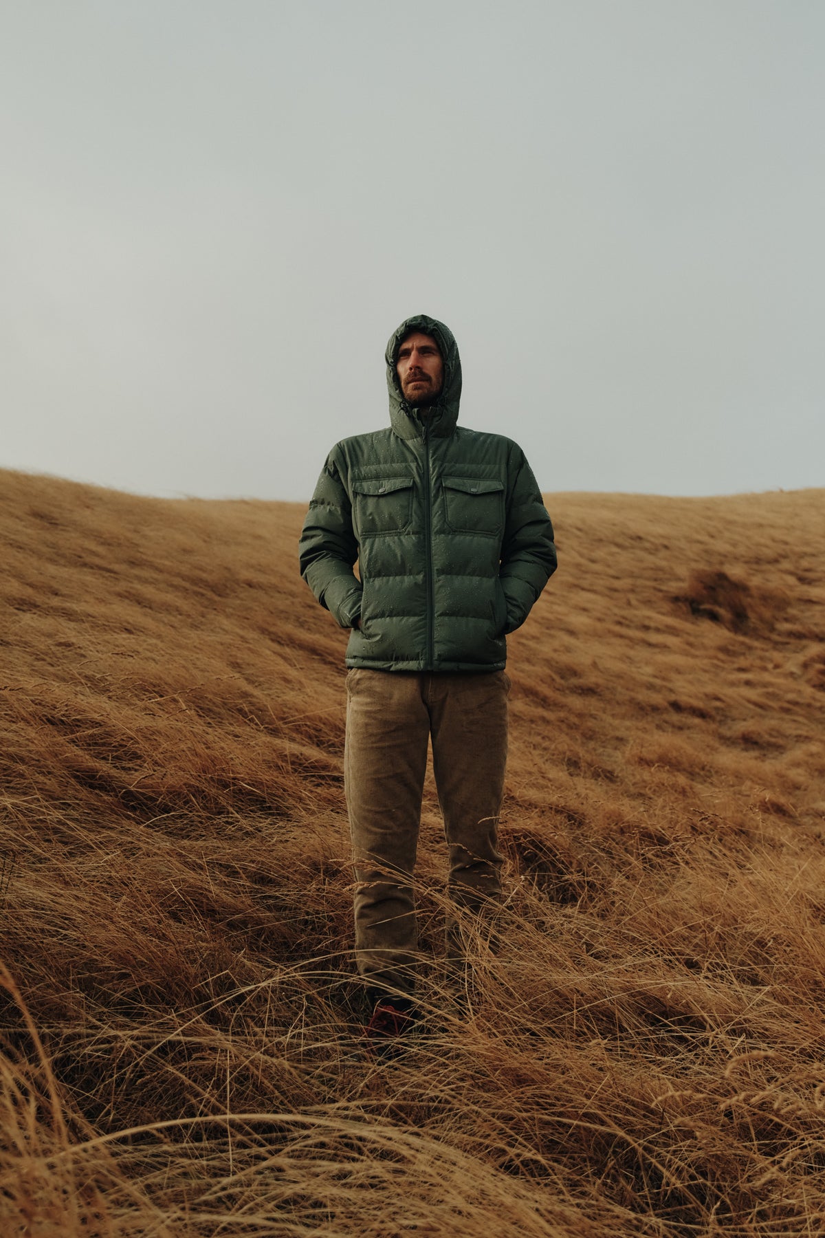 Katin OTG Summit Hooded Down Puffer in Thyme with a stacked fill pattern, lifestyle #color_thyme