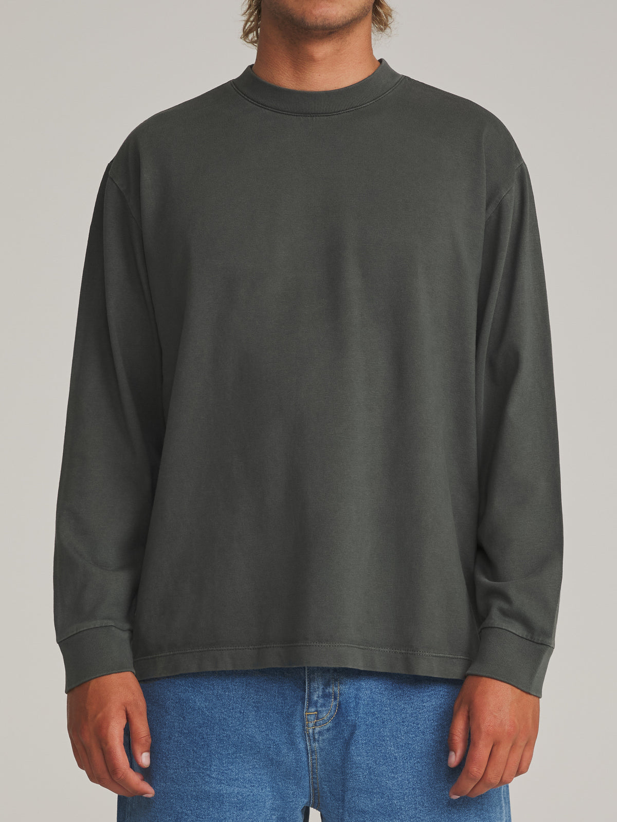 Katin Box Fit LS Tee in Black Vintage Wash - worn on model, front