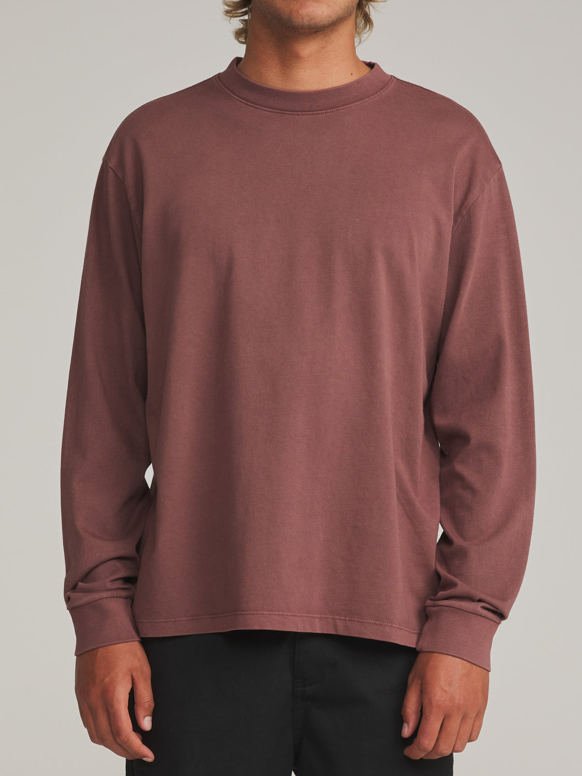 Katin Box Fit LS Tee in French Roast Vintage Wash - worn on model, front