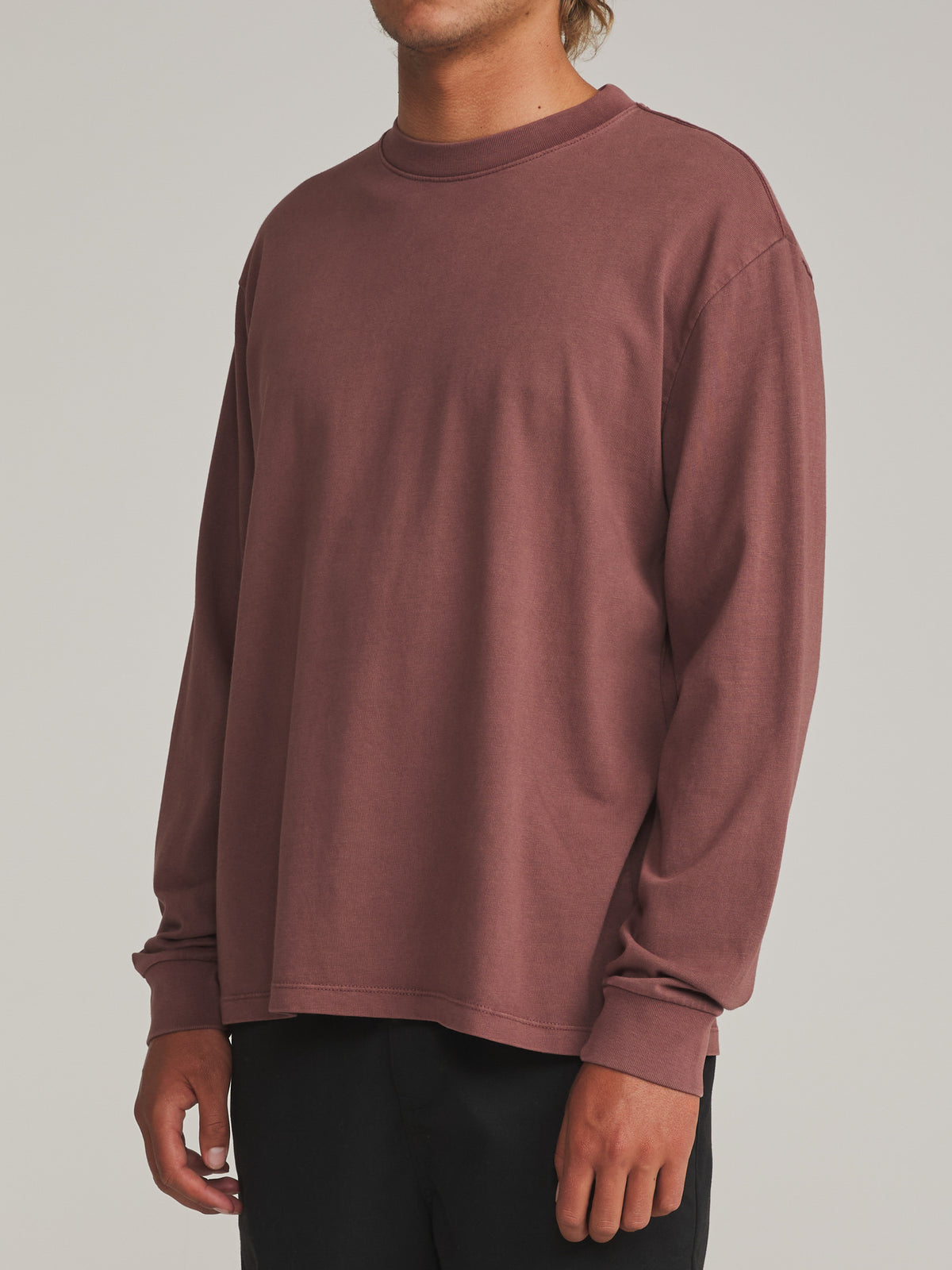 Katin Box Fit LS Tee in French Roast Vintage Wash - worn on model, side