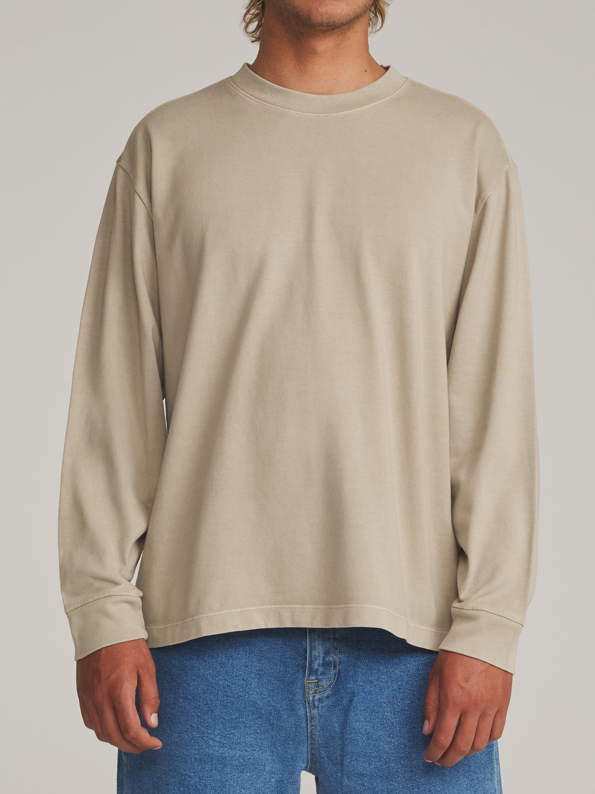 Katin Box Fit LS Tee in Taupe Vintage Wash - worn on model, front