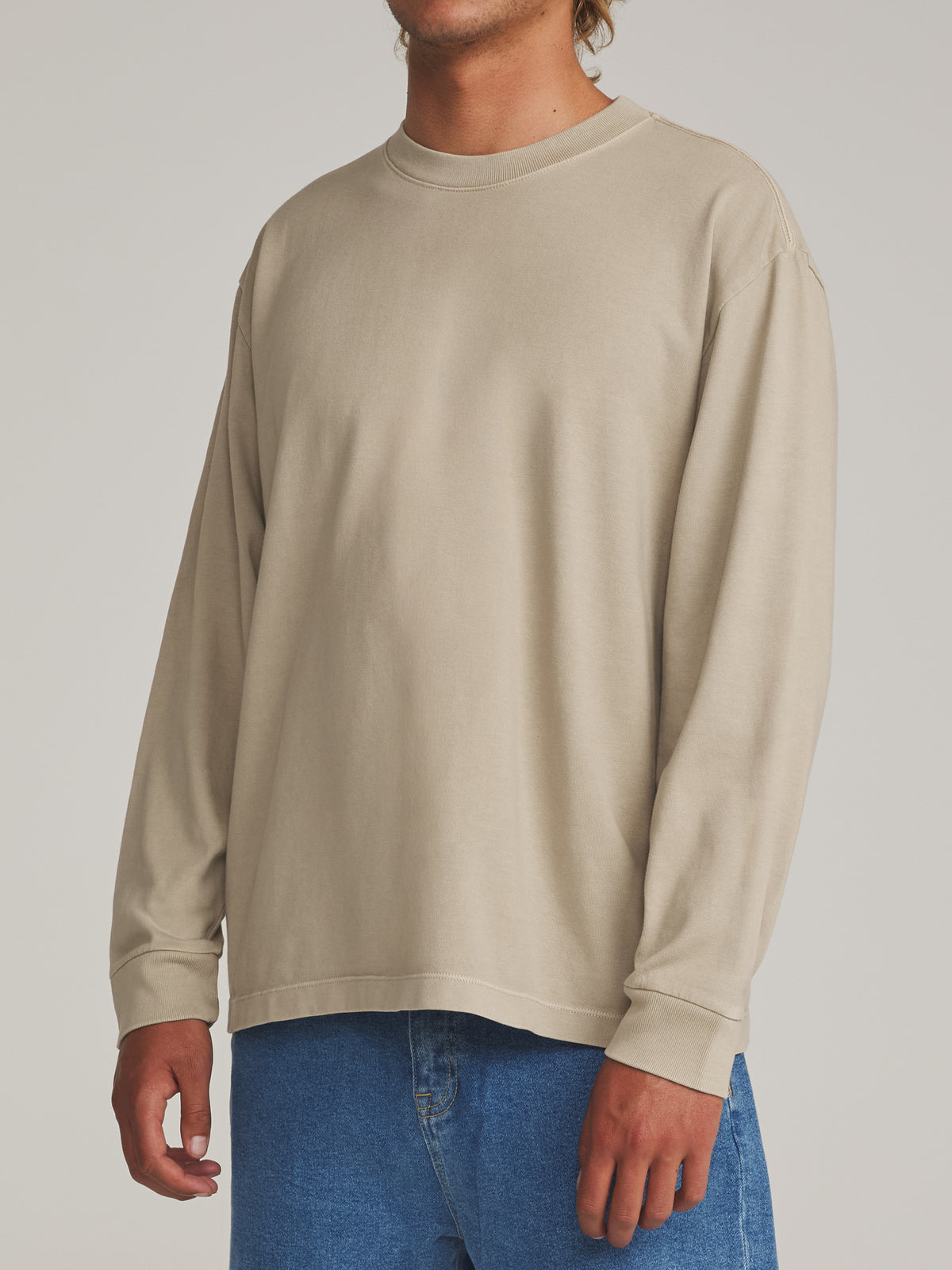 Katin Box Fit LS Tee in Taupe Vintage Wash - worn on model, side