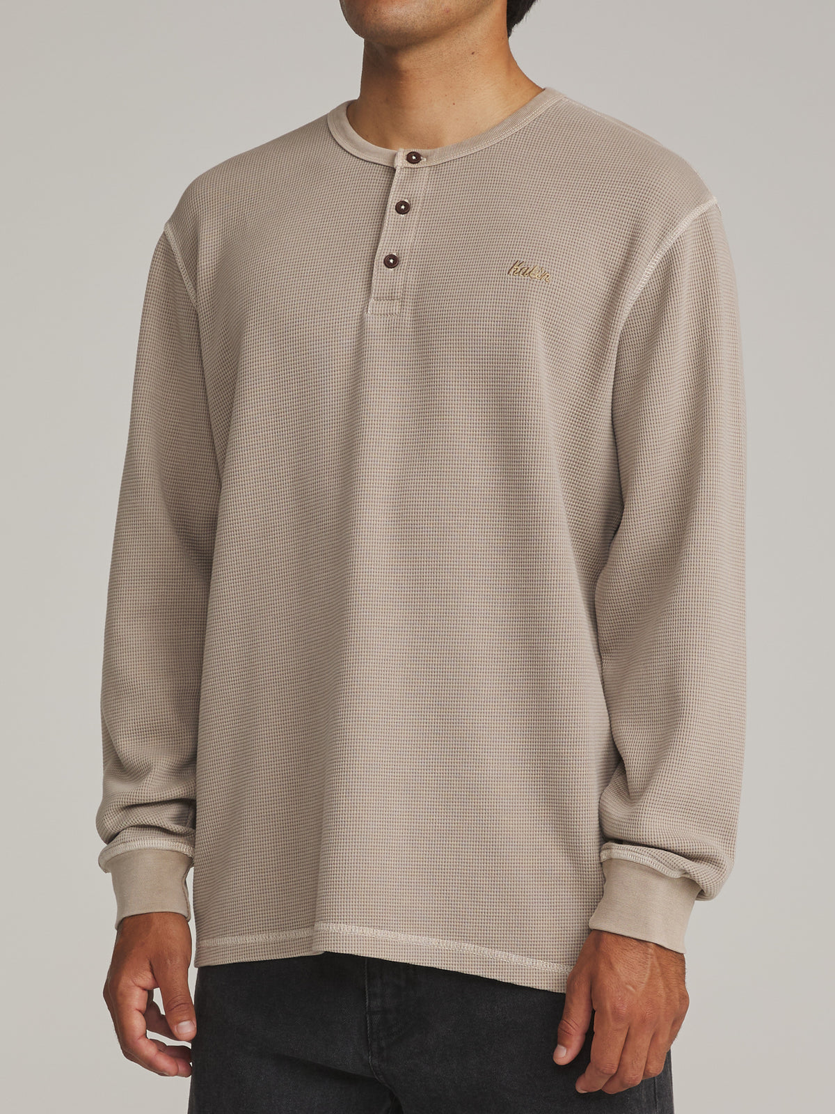 Katin Mesa Thermal in Taupe Vintage Wash - worn on model, side
