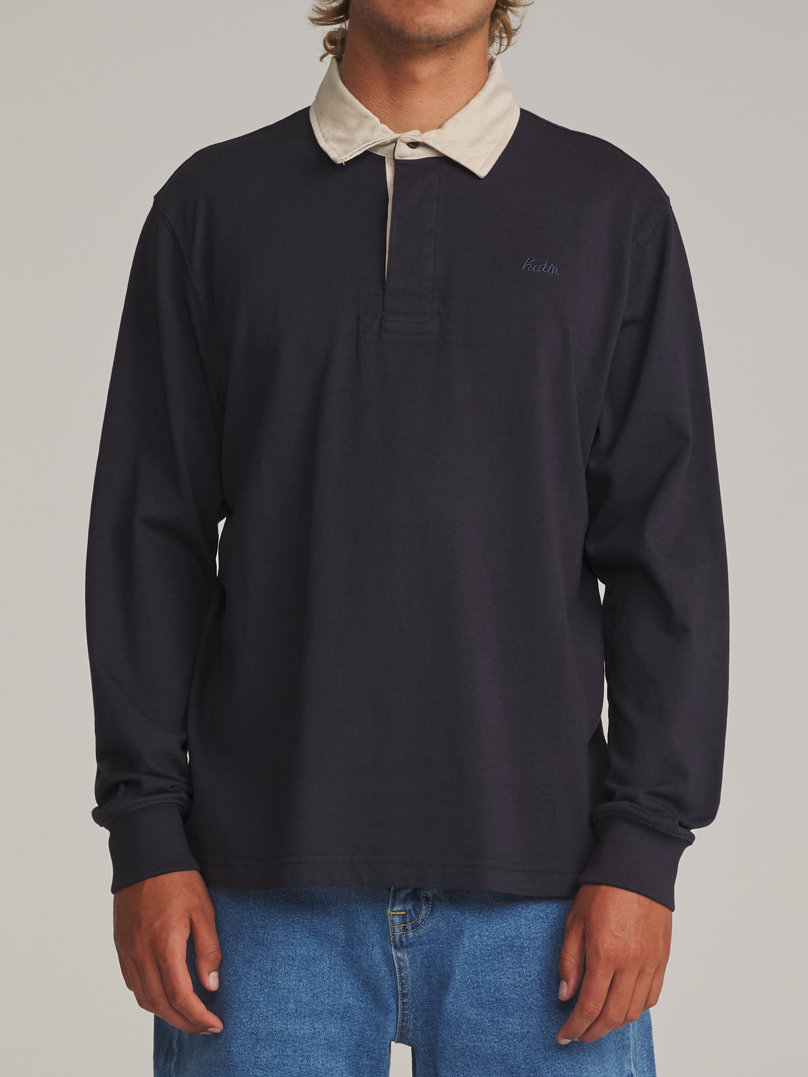 Katin Ronan Polo in Navy Vintage Wash - worn on model, front