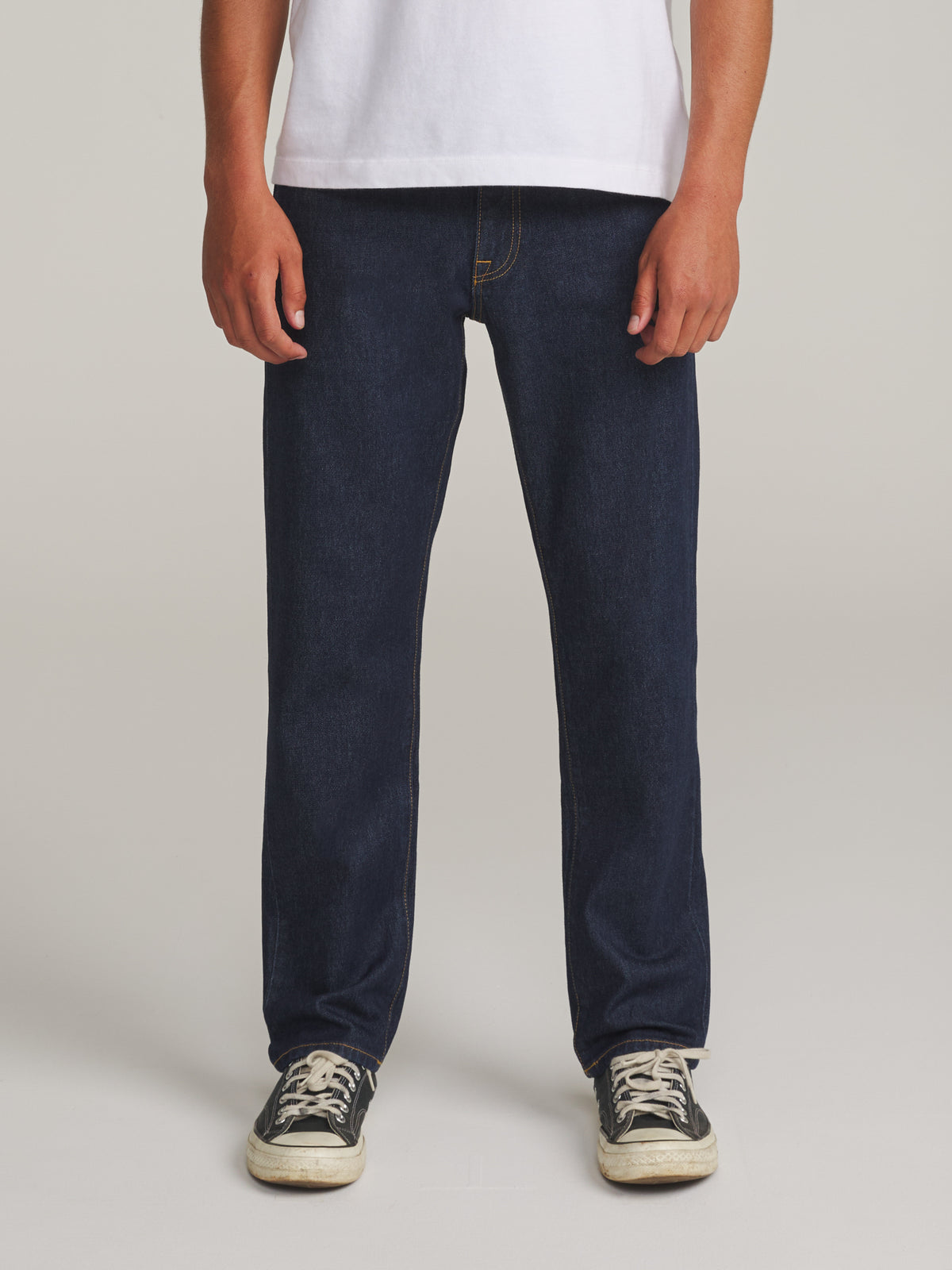 Katin Ren 57 Classic Straight in RAW INDIGO - worn on model, front