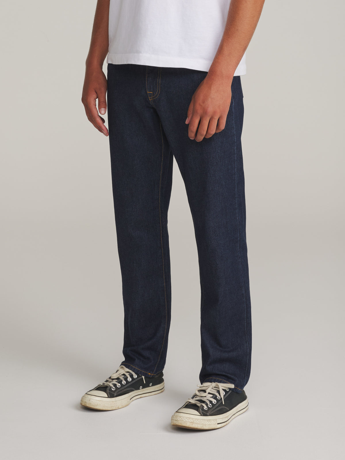 Katin Ren 57 Classic Straight in RAW INDIGO - worn on model, side