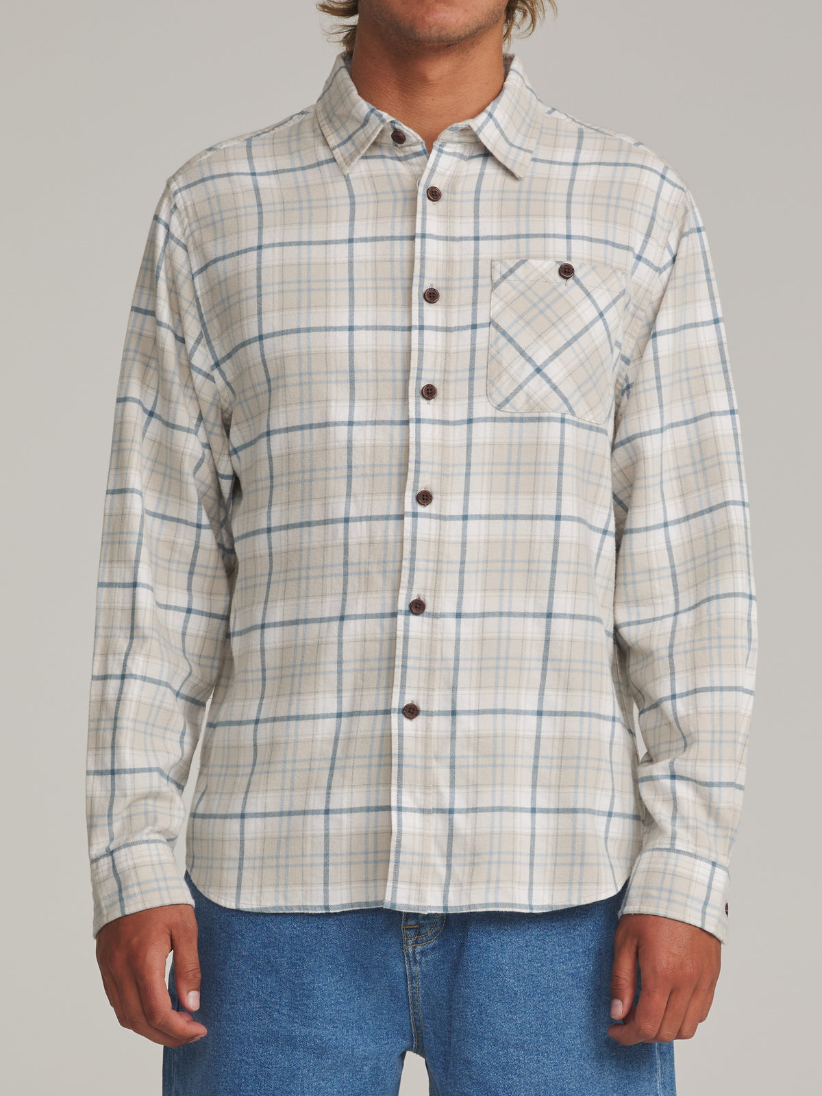 Katin Derek Flannel in Bone - worn on model, front