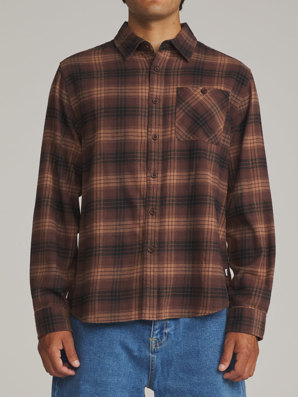 Katin Derek Flannel in French Roast - worn on model, front