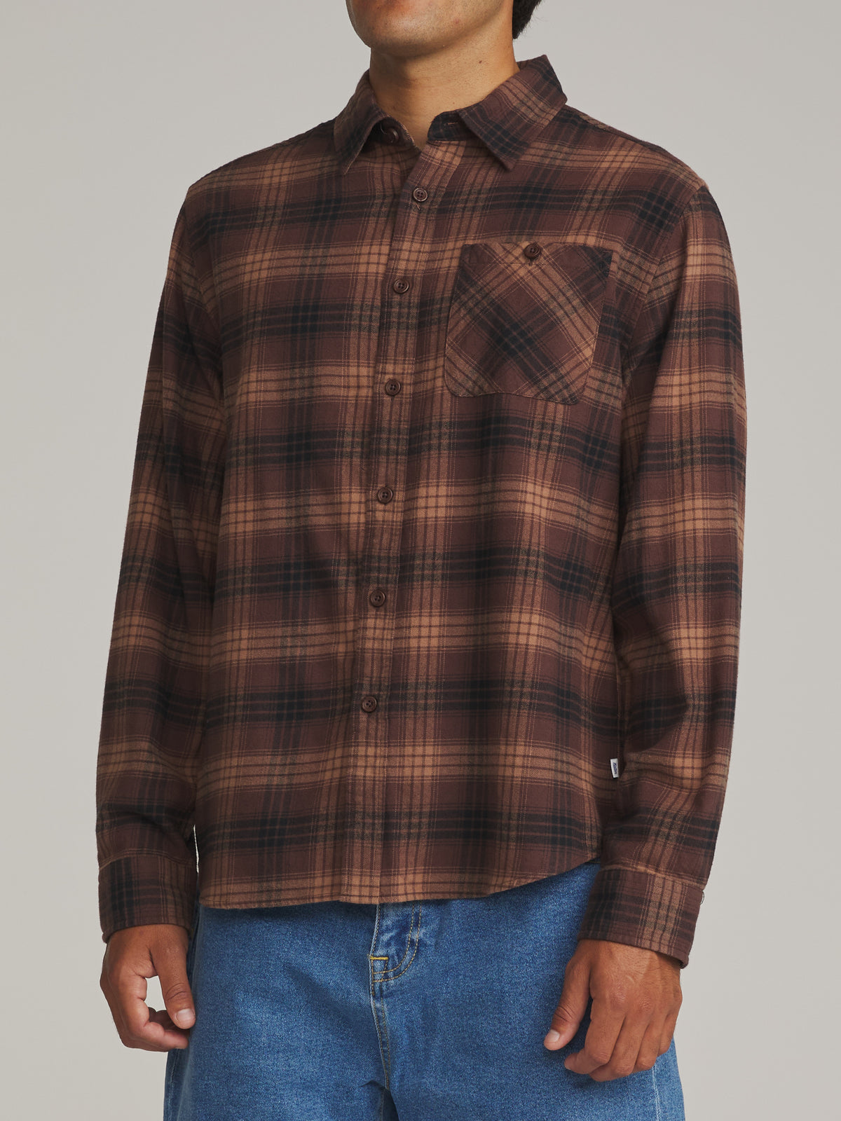 Katin Derek Flannel in French Roast - worn on model, side