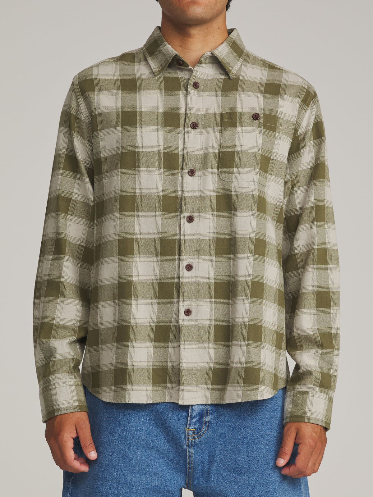 Katin Derek Flannel in Olive - worn on model, front