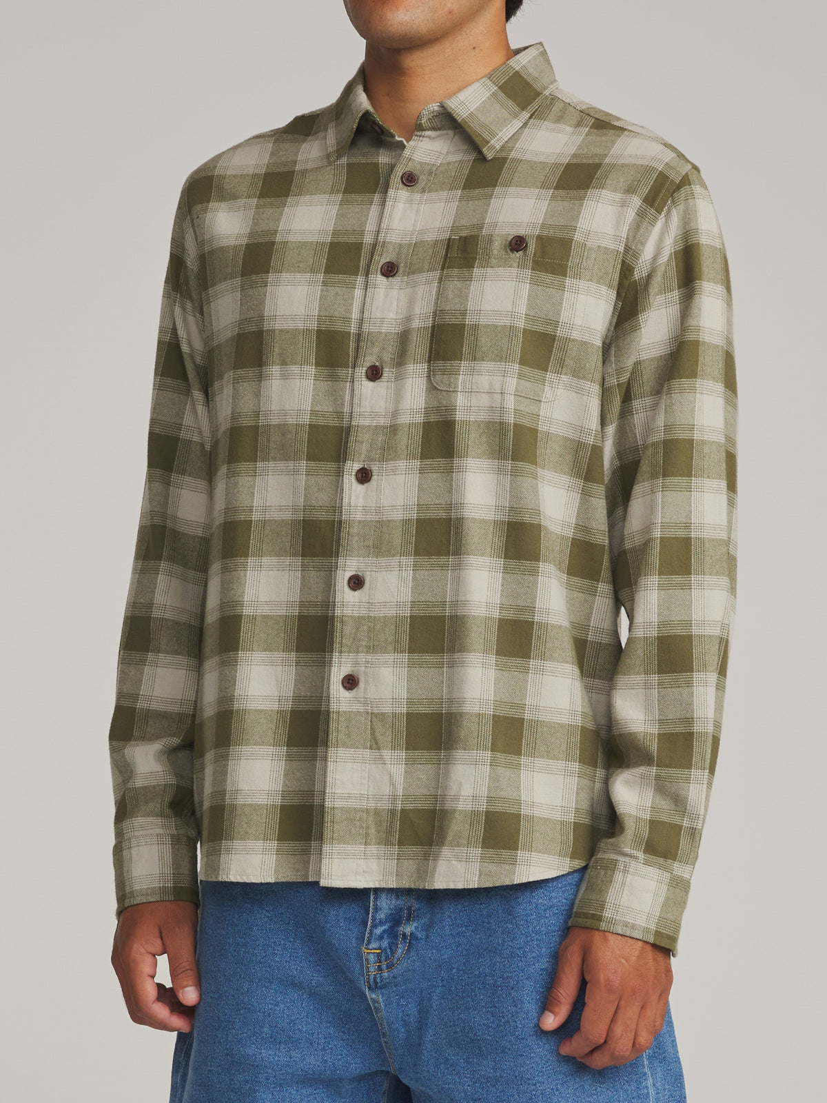 Katin Derek Flannel in Olive - worn on model, side