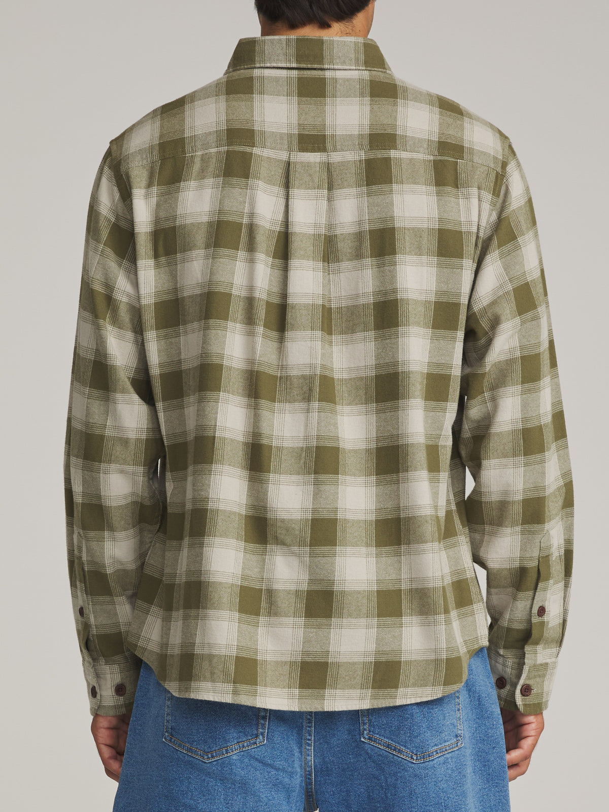 Katin Derek Flannel in Olive - worn on model, back