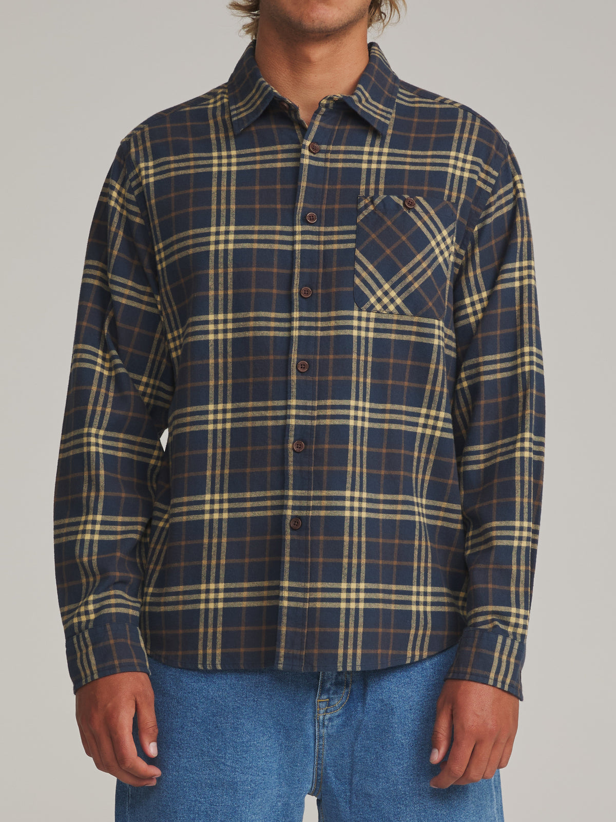 Katin Derek Flannel in Washed Blue - worn on model, front