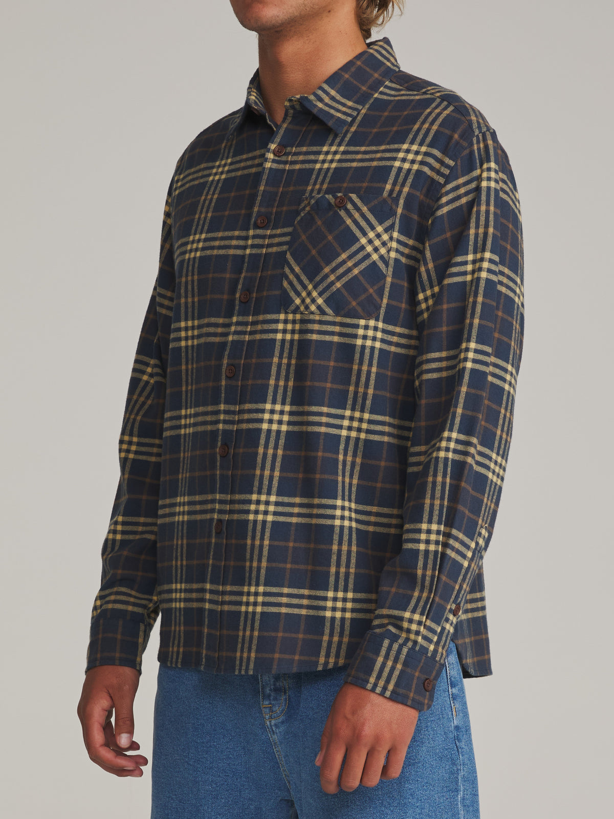 Katin Derek Flannel in Washed Blue - worn on model, side