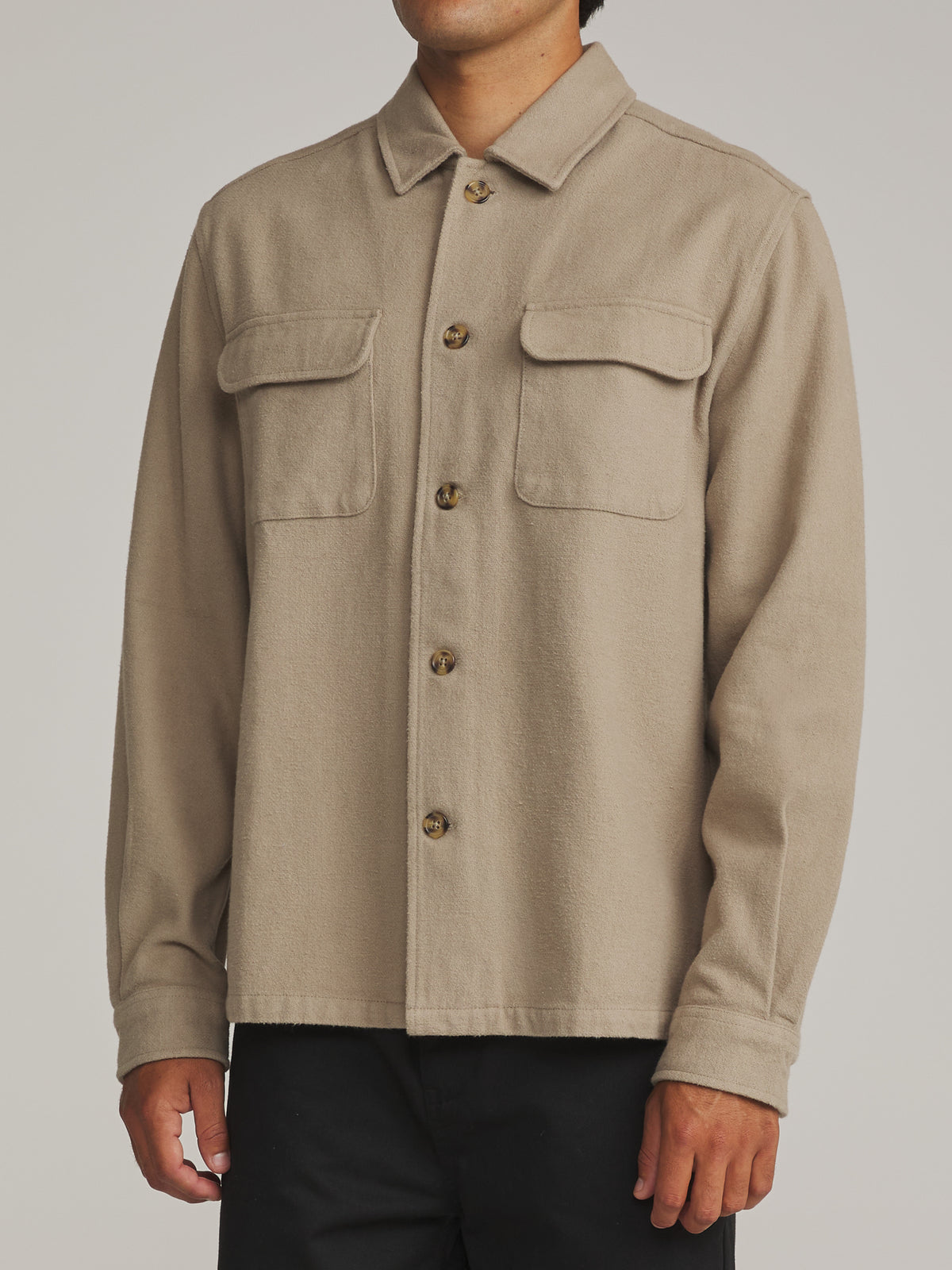 Katin Shiloh Flannel in Khaki - worn on model, side