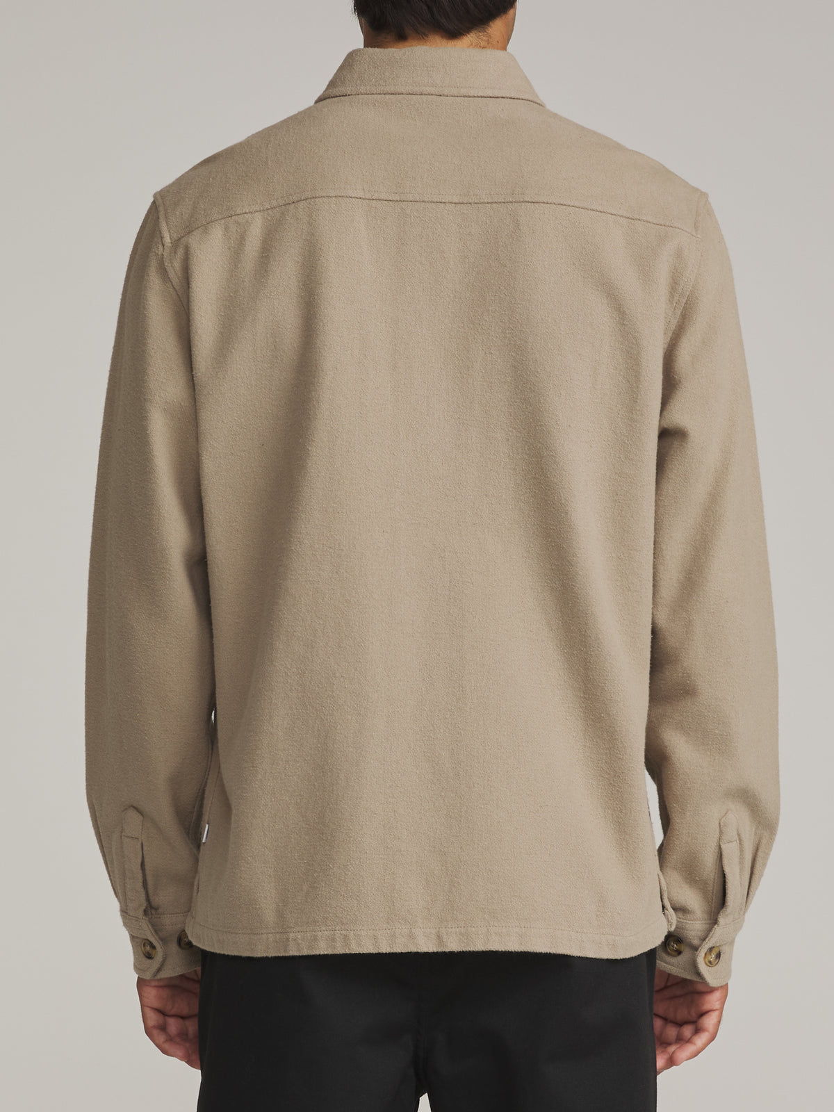 Katin Shiloh Flannel in Khaki - worn on model, back