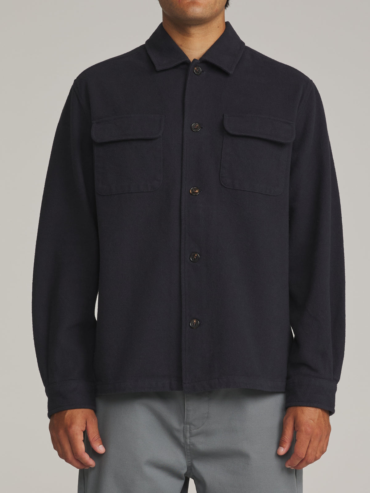 Katin Shiloh Flannel in Navy - worn on model, front