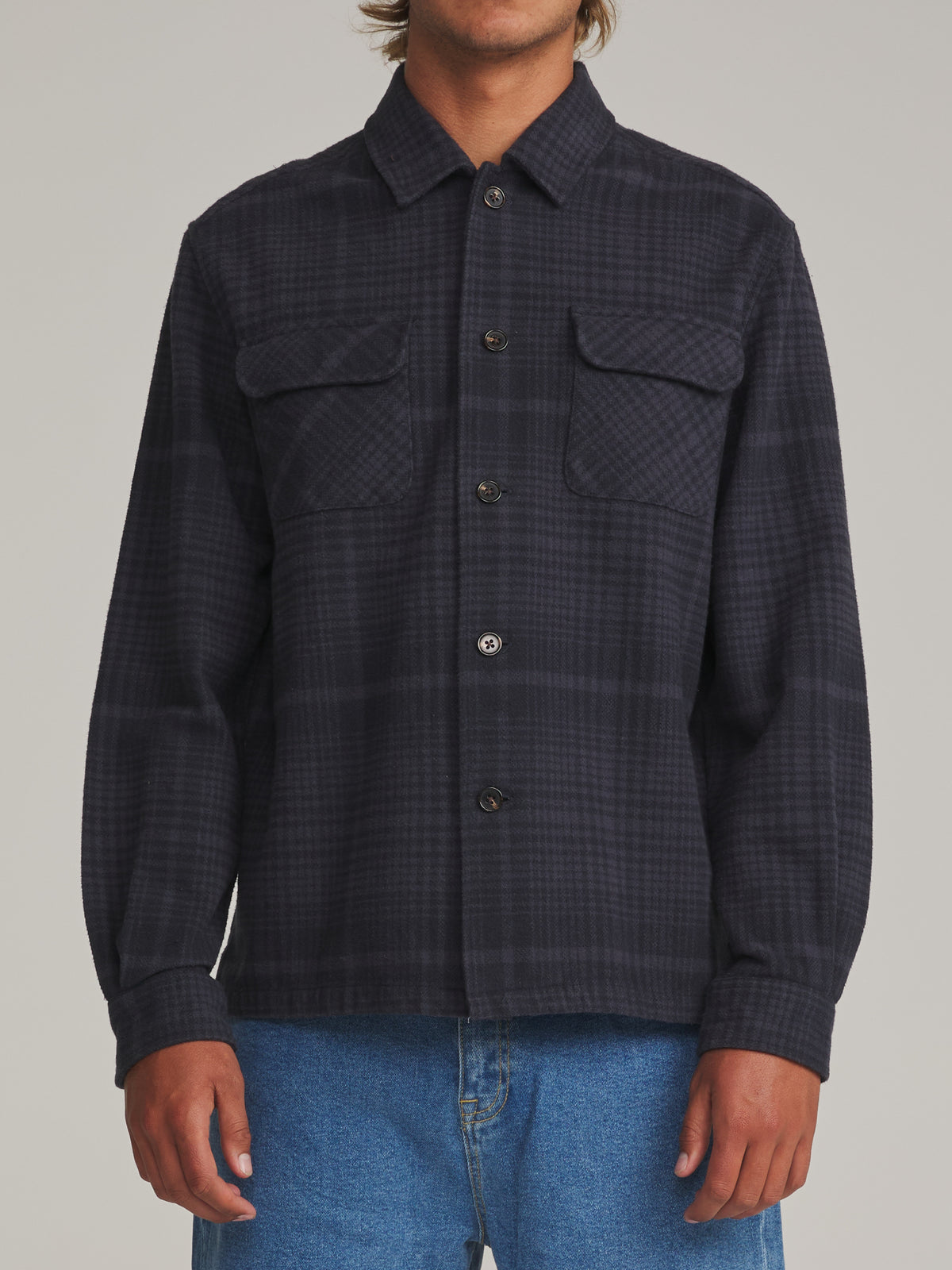 Katin Shiloh Flannel in Navy Plaid - worn on model, front