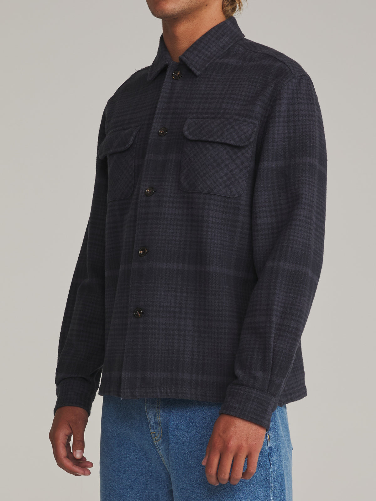 Katin Shiloh Flannel in Navy Plaid - worn on model, side