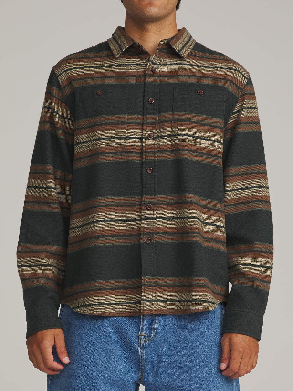 Katin Sierra Flannel in Black Wash midweight flannel, on model, front #color_black wash