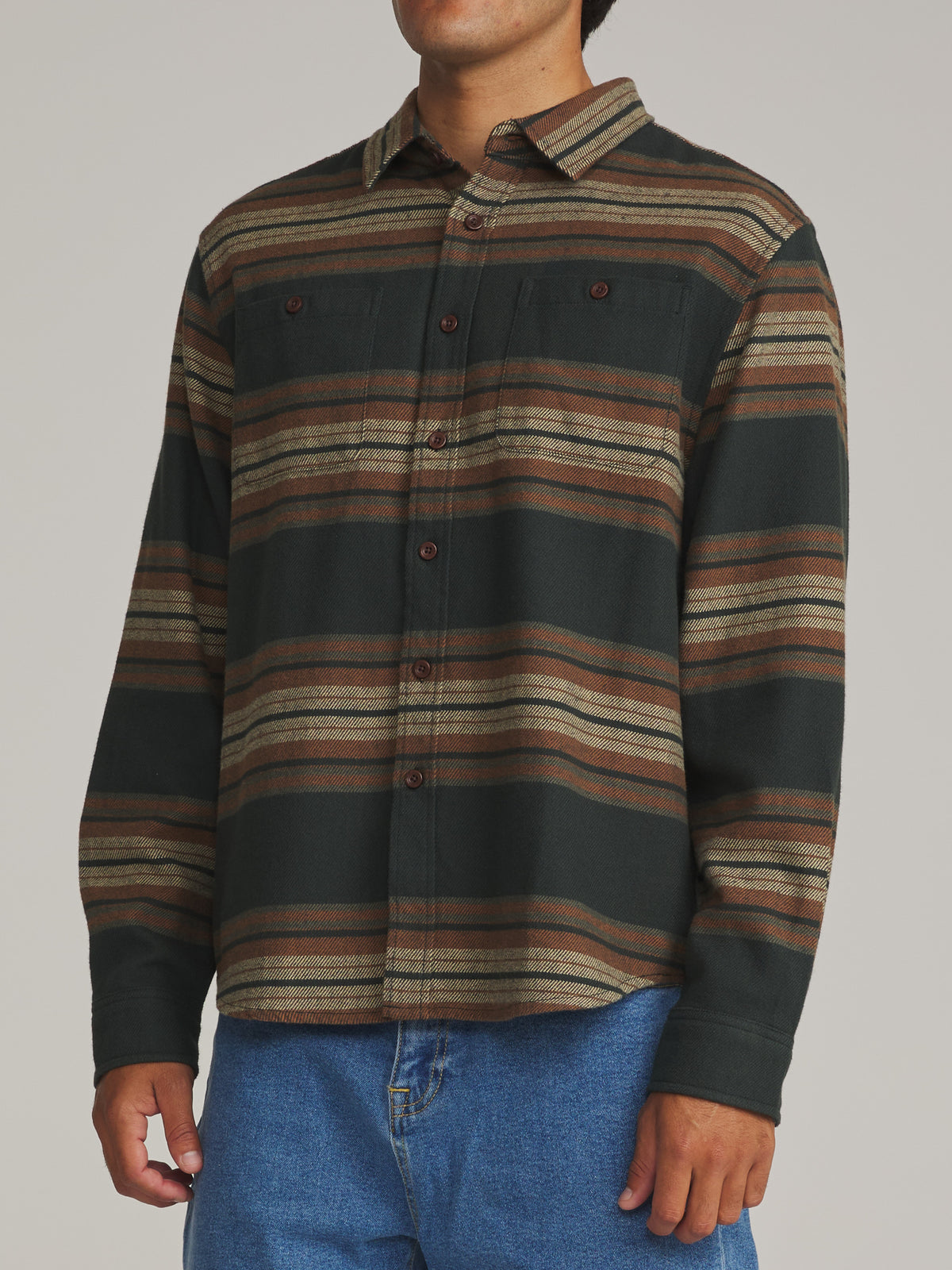 Katin Sierra Flannel in Black Wash midweight flannel, on model, side #color_black wash