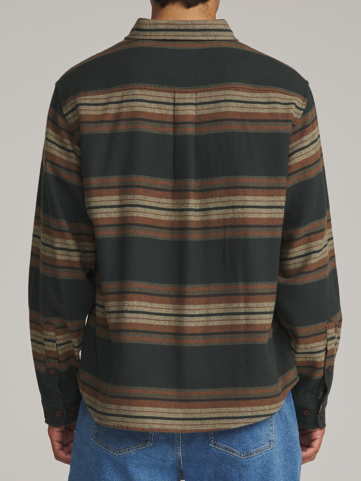 Katin Sierra Flannel in Black Wash midweight flannel, on model, back #color_black wash