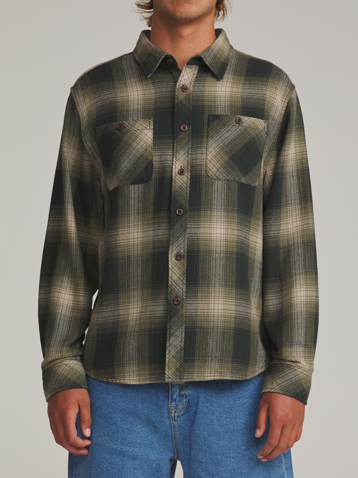 Katin Sierra Flannel in Dark Olive midweight flannel, on model, front #color_dark olive
