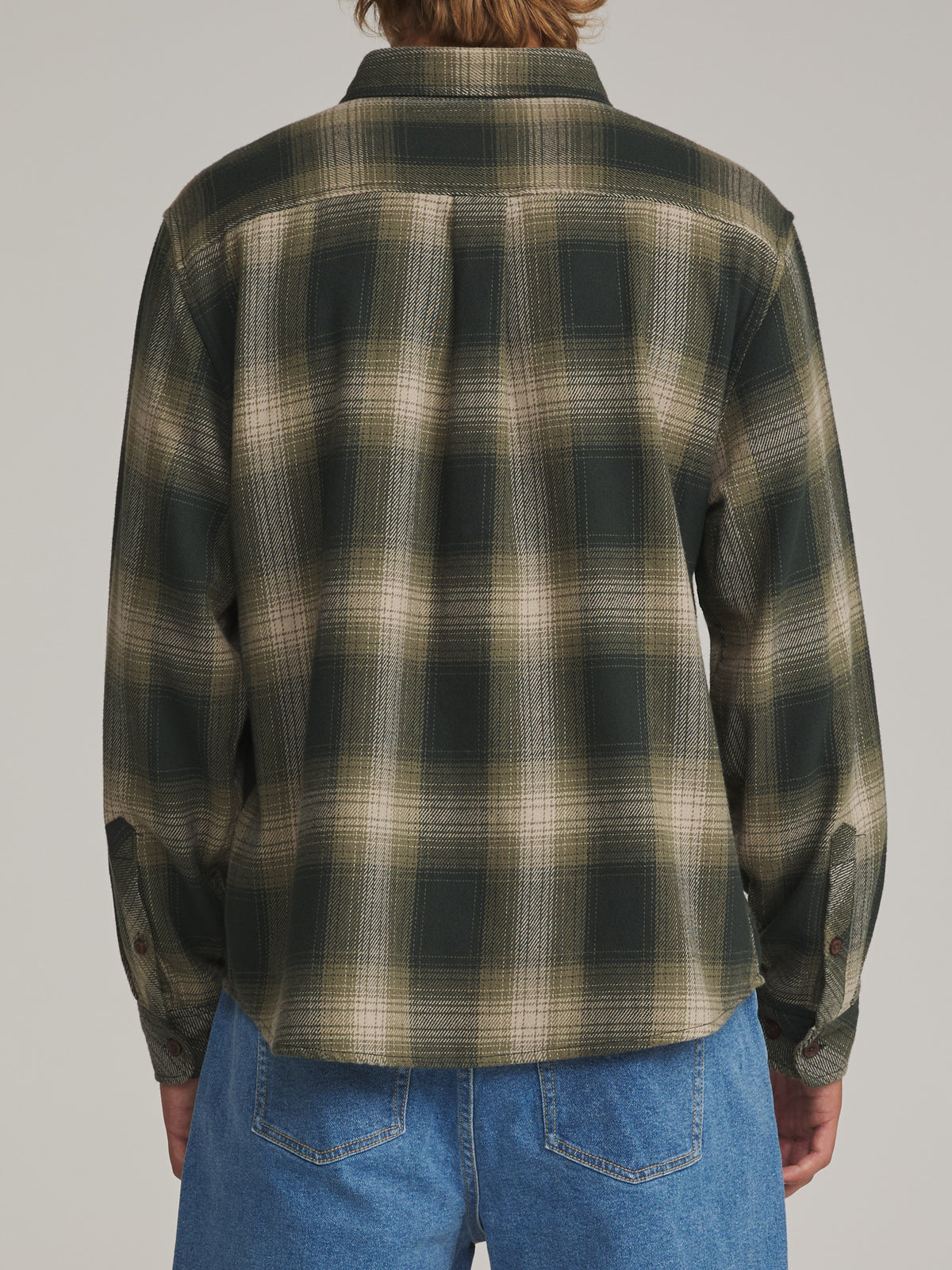 Katin Sierra Flannel in Dark Olive midweight flannel, on model, back #color_dark olive