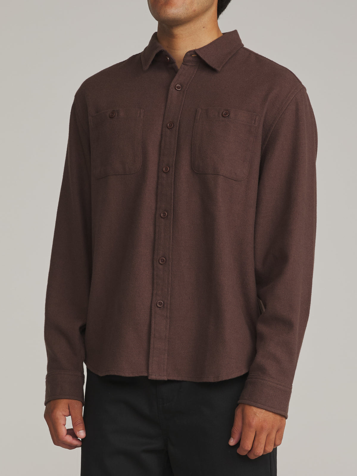 Katin Sierra Flannel in French Roast midweight flannel, on model, side #color_french roast