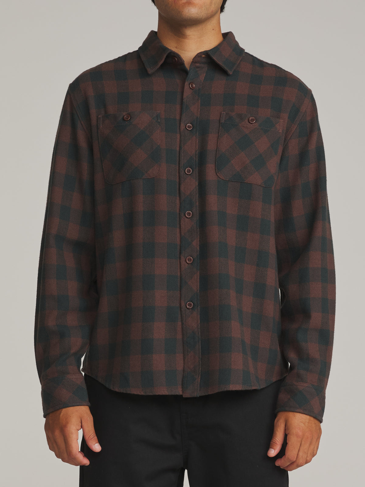 Katin Sierra Flannel in French Roast Plaid, on model, front #color_french roast plaid
