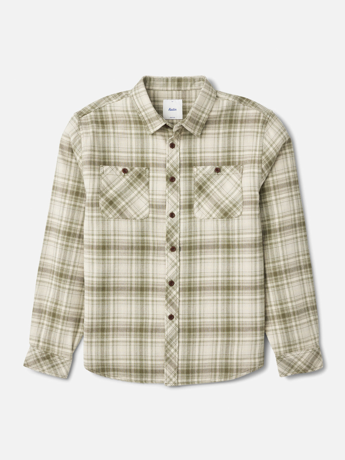 Katin Sierra Flannel in Light Olive midweight flannel, flat, front #color_light olive