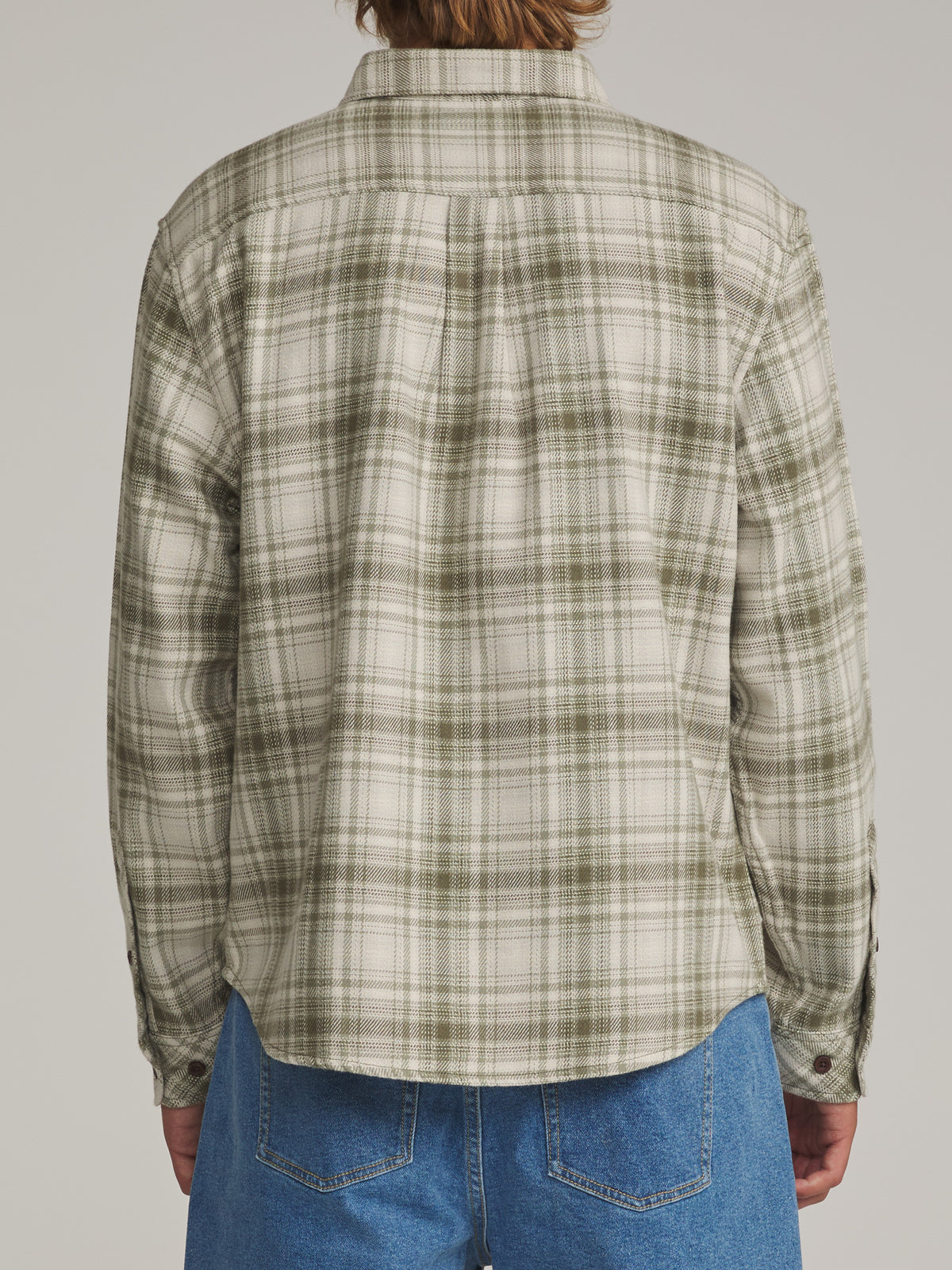 Katin Sierra Flannel in Light Olive midweight flannel, on model, back #color_light olive