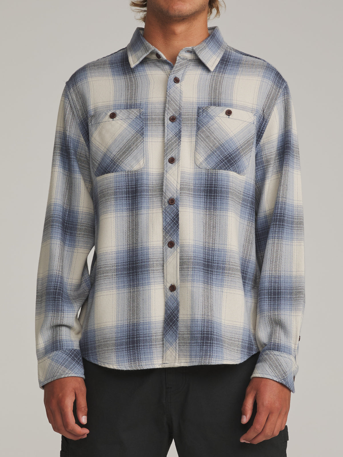 Katin Sierra Flannel in Storm Blue midweight flannel, on model, front #color_storm blue
