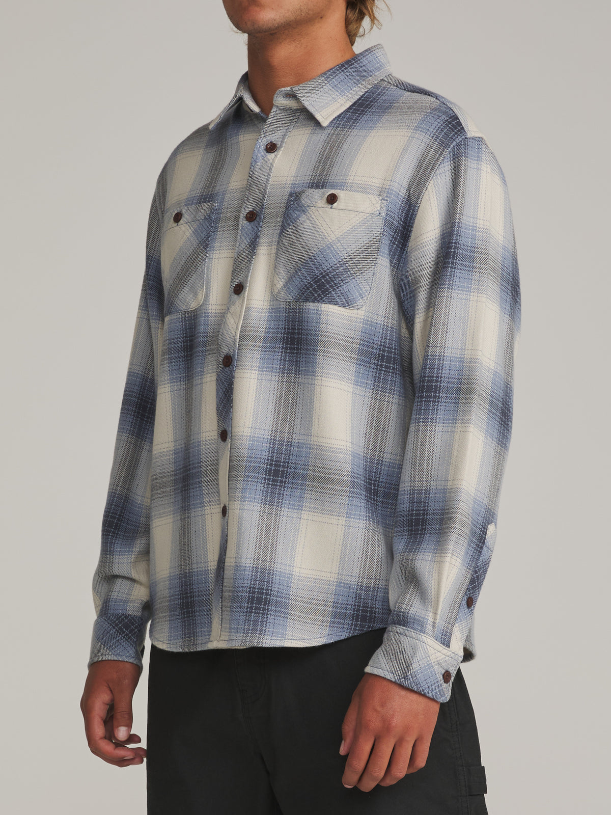 Katin Sierra Flannel in Storm Blue midweight flannel, on model, side #color_storm blue