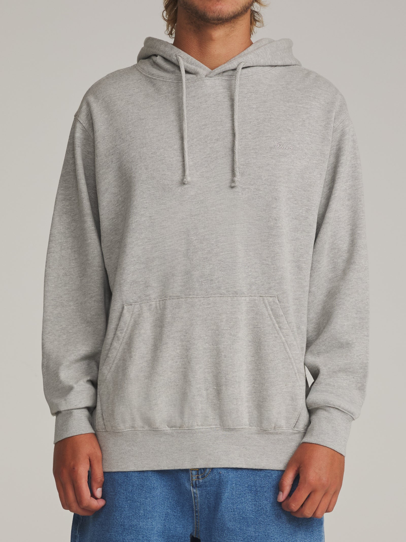 Katin fa26 fleece emb hood fleece heather gray on model 01 front