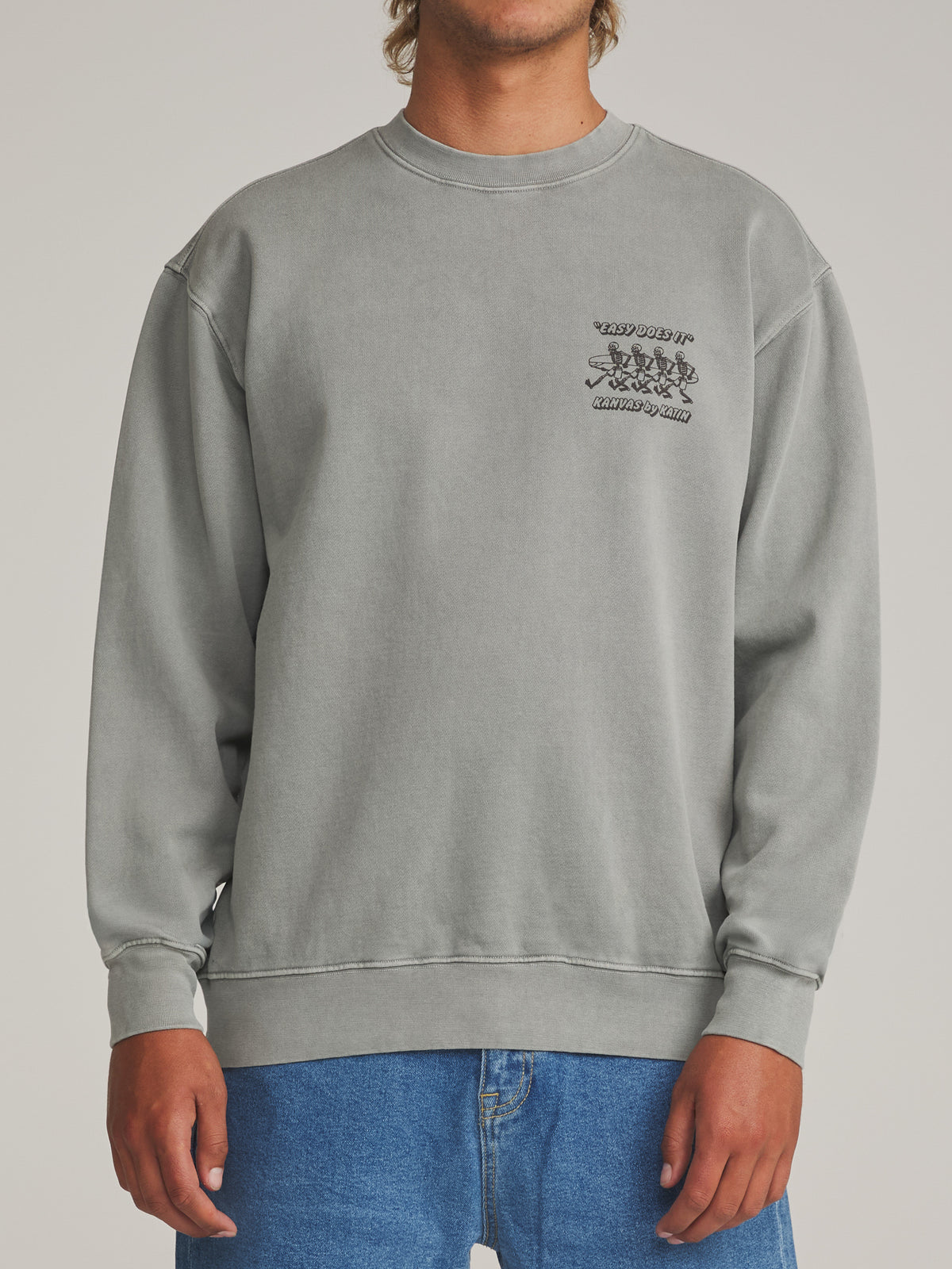 Katin Bones Crew in Graphite Vintage Wash - worn on model, front