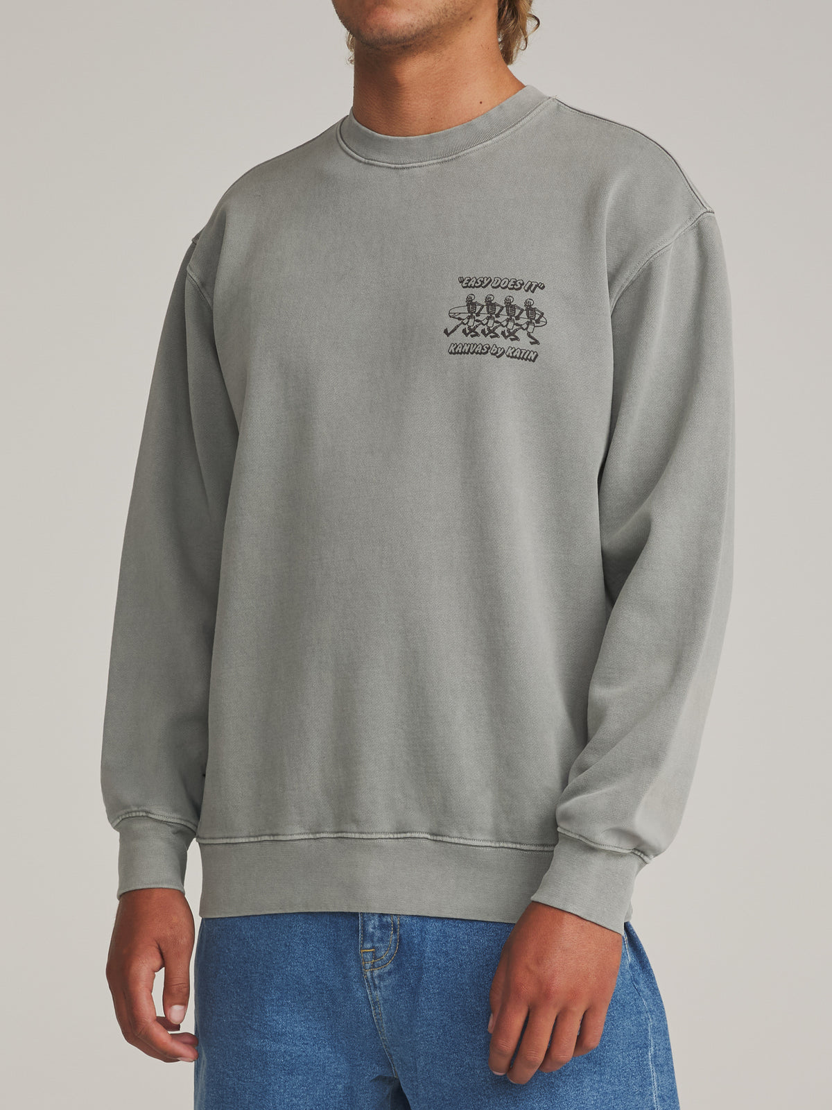 Katin Bones Crew in Graphite Vintage Wash - worn on model, side