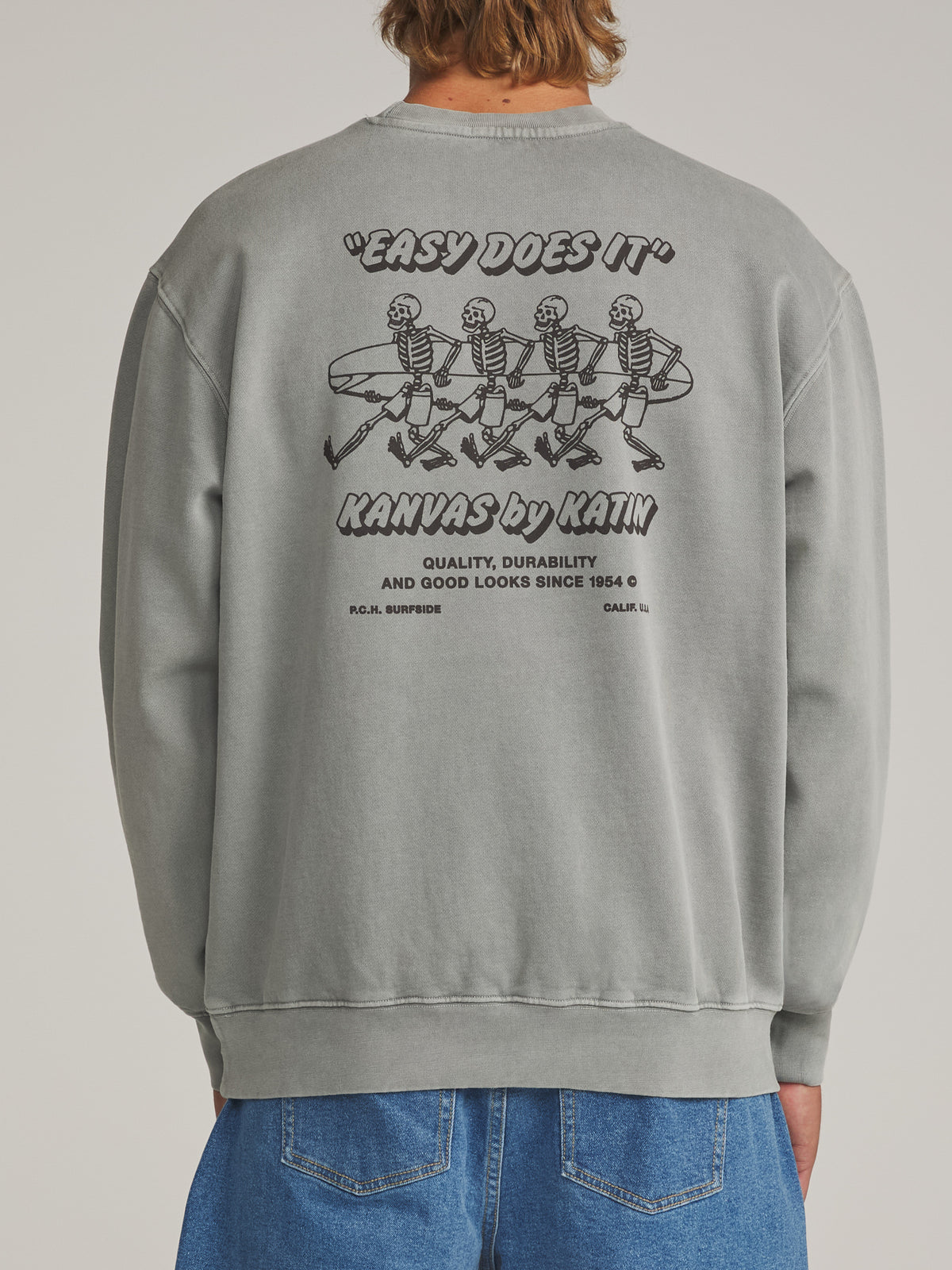 Katin Bones Crew in Graphite Vintage Wash - worn on model, back